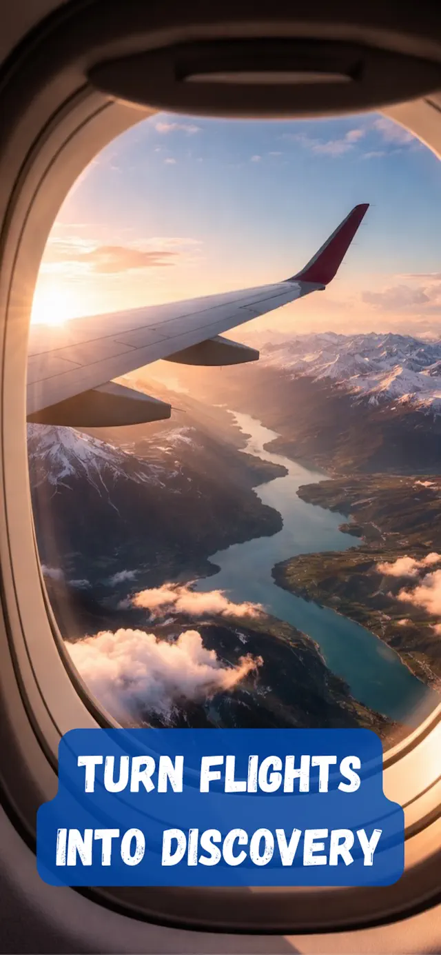 Airplane window view over snow-capped mountains, a river and clouds at sunset