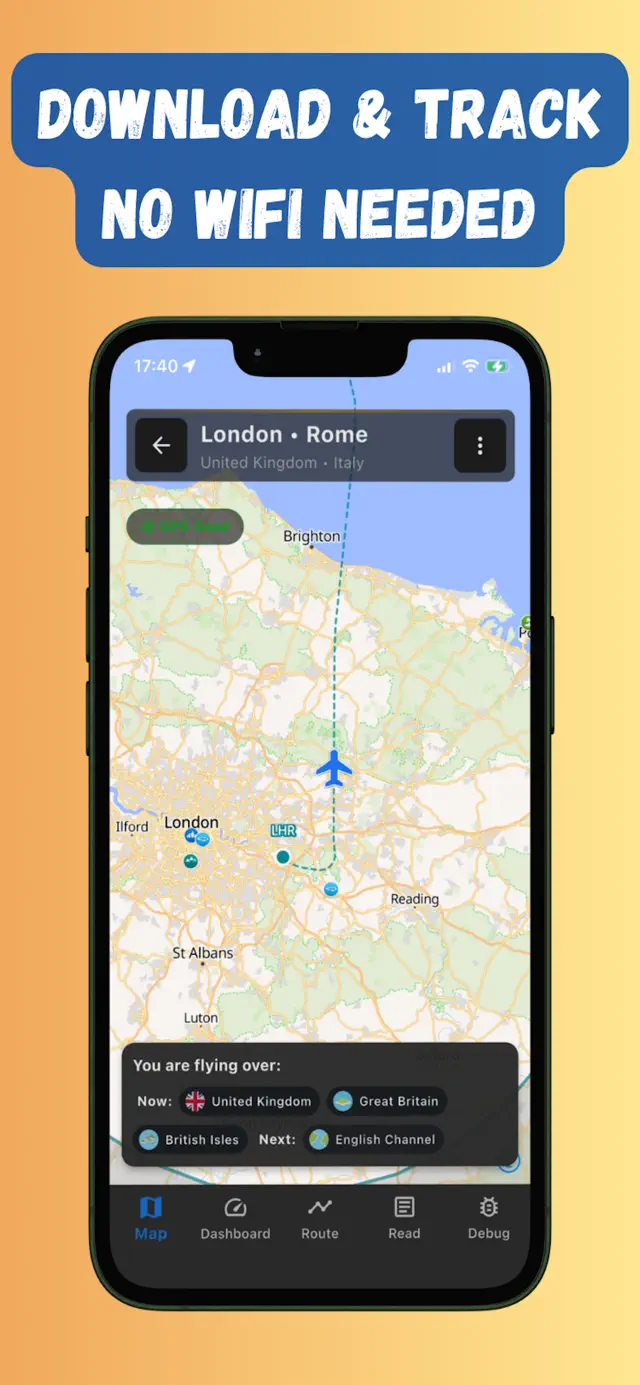 Flymap offline flight map with live GPS plane position and regions you are flying over