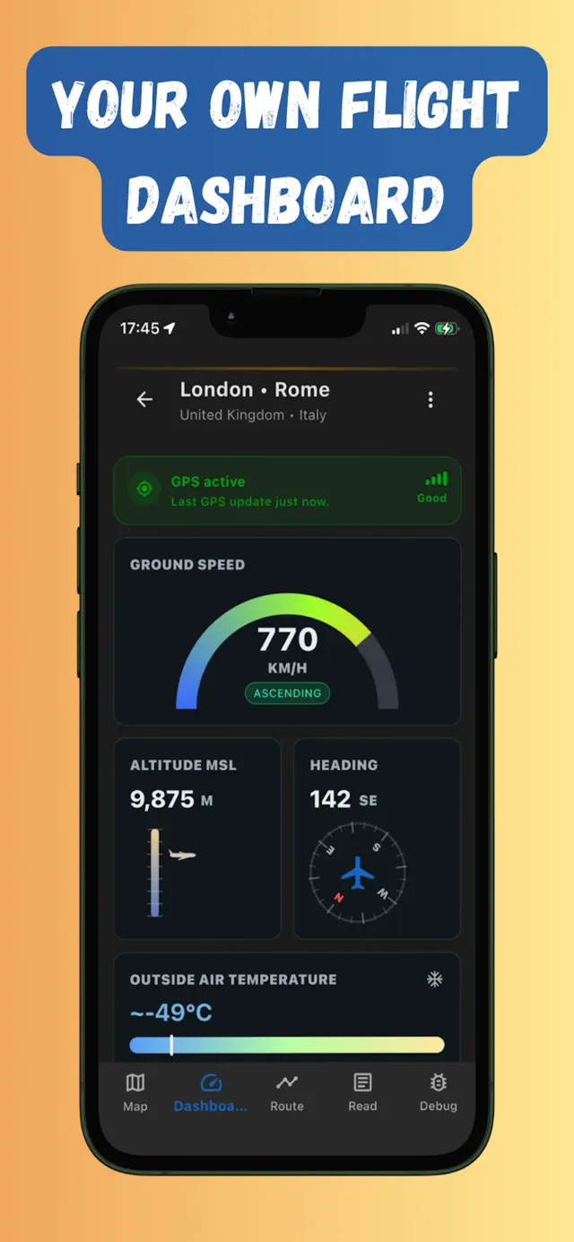 Flymap flight dashboard showing GPS ground speed, altitude and heading while offline