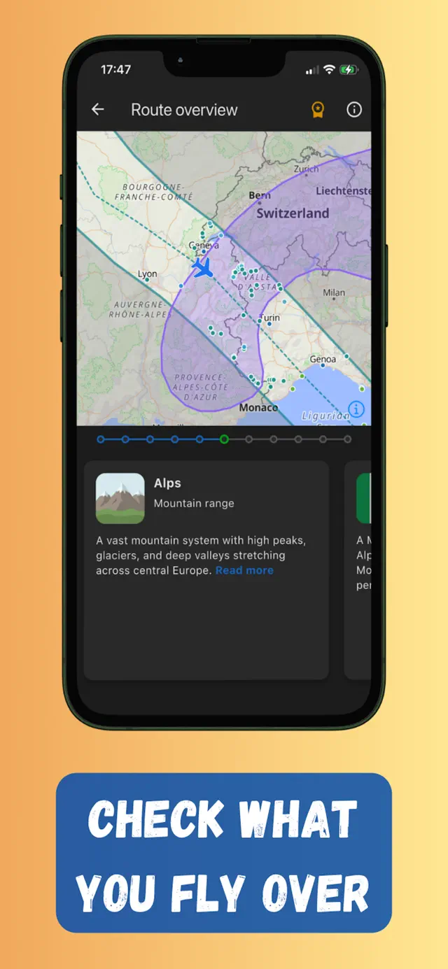 Flymap route overview showing the Alps below the flight path with a point-of-interest card
