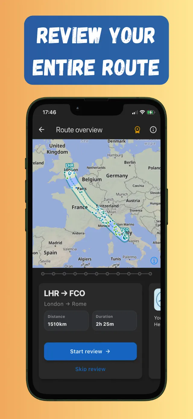 Flymap route overview of a London to Rome flight with distance and duration, downloaded for offline use