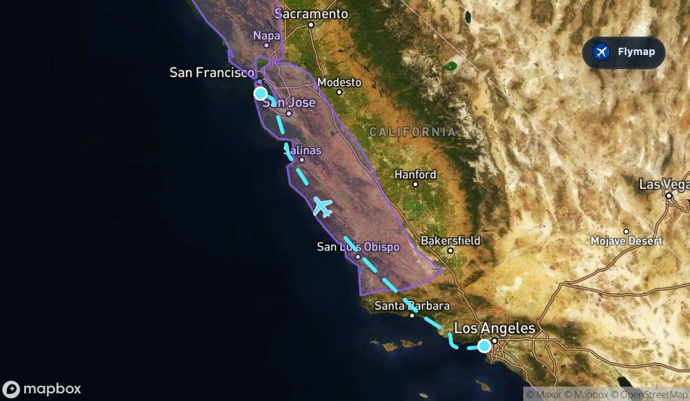 Map highlight of the Pacific Coast Ranges along the Los Angeles to San Francisco flight route