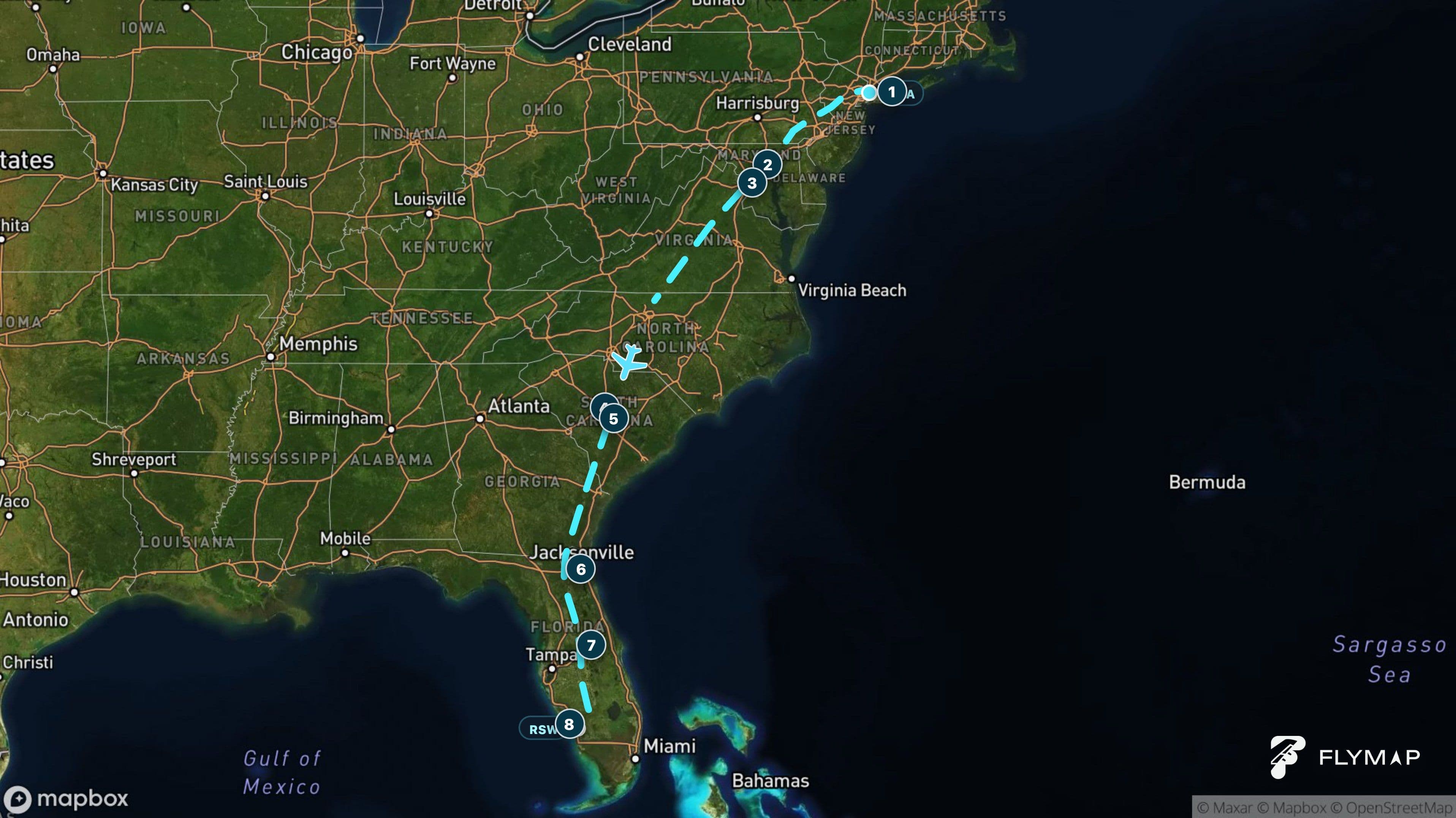 Map of the New York to Fort Myers flight route from LaGuardia Airport to Southwest Florida International Airport