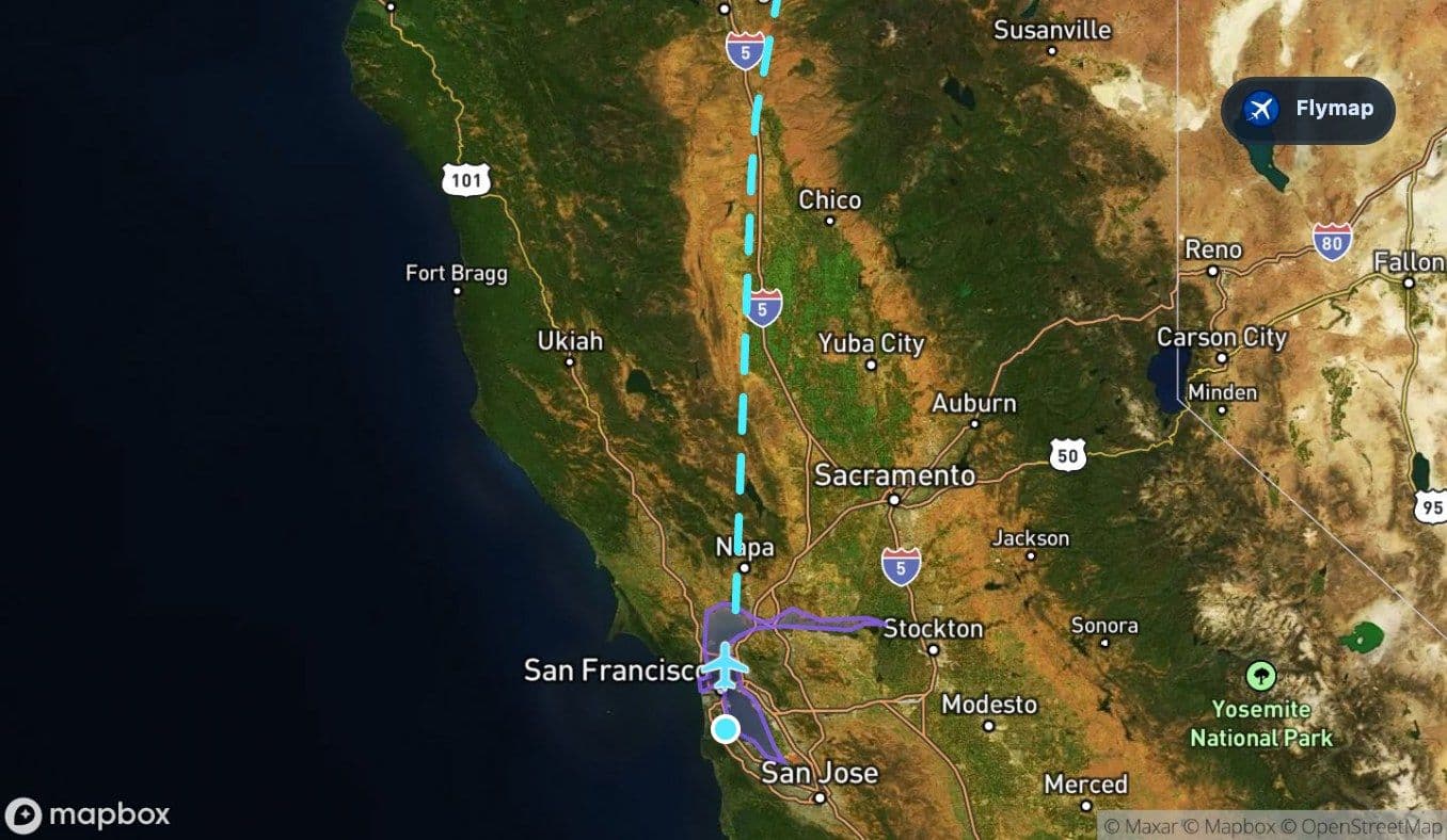 Map showing San Francisco Bay near the start of the San Francisco to Seattle flight route