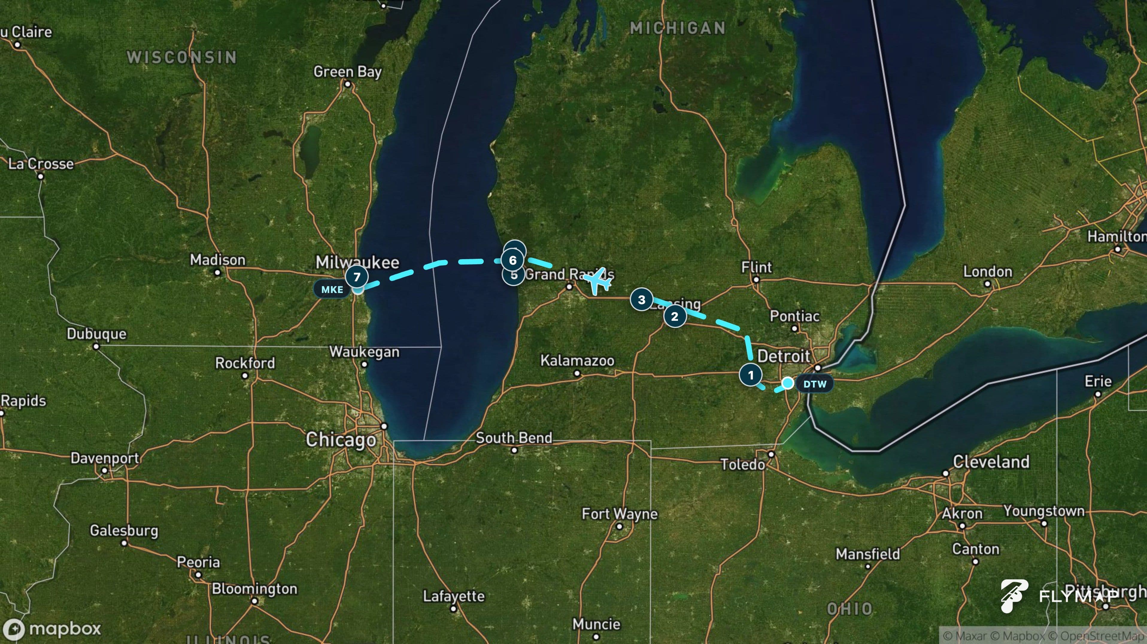 Map of the flight route from Detroit across Michigan and Lake Michigan to Milwaukee