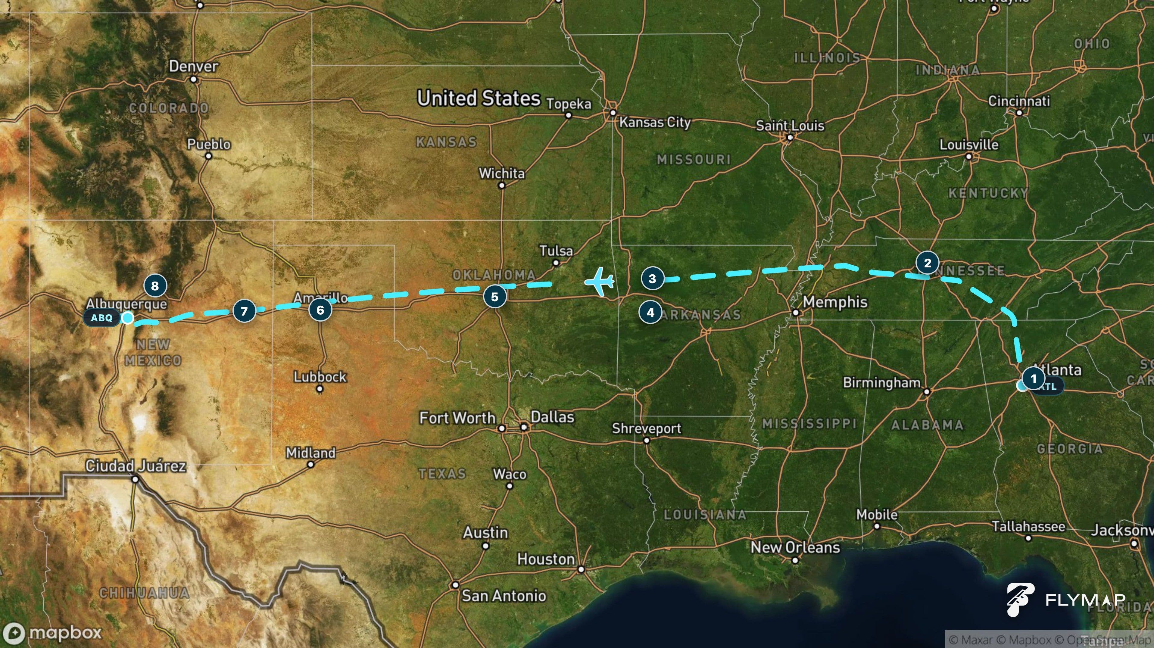 Map of the Atlanta to Albuquerque flight route crossing the Appalachians, Ozarks, Great Plains, Texas high plains, and New Mexico.