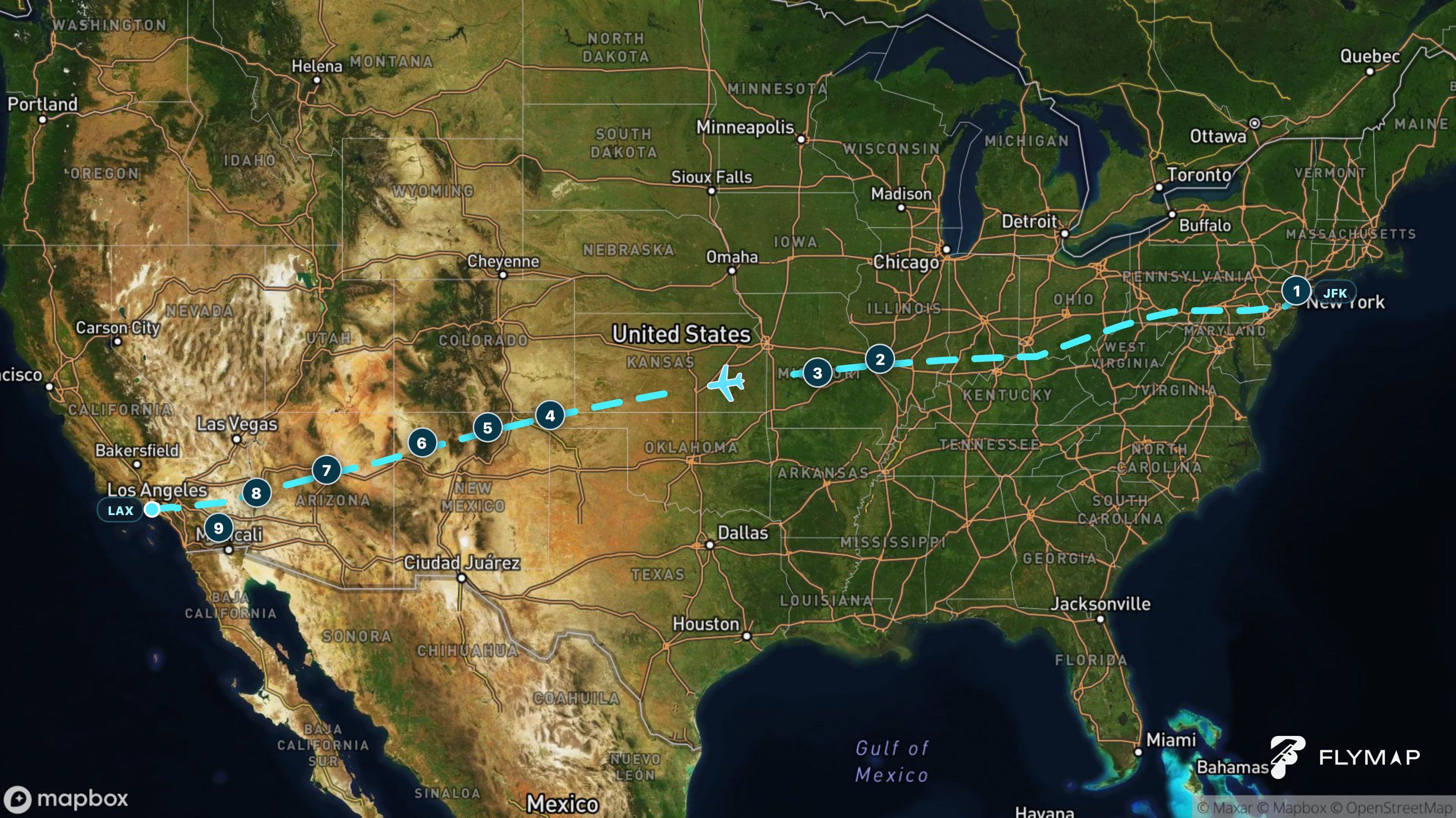 Map of the flight path from New York to Los Angeles across the United States