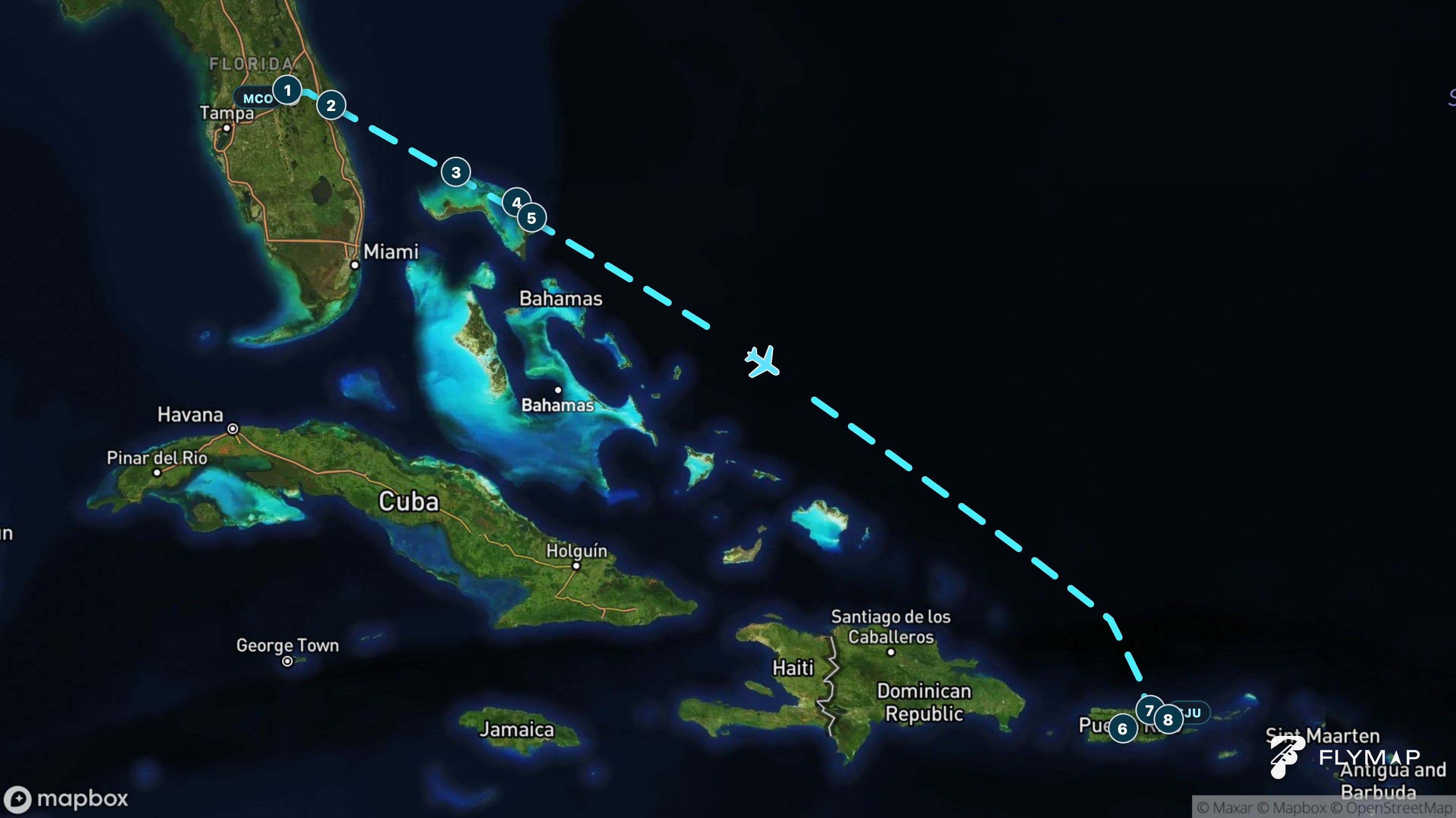 Map of the Orlando to San Juan flight route crossing Florida, the Atlantic Ocean, The Bahamas and Puerto Rico