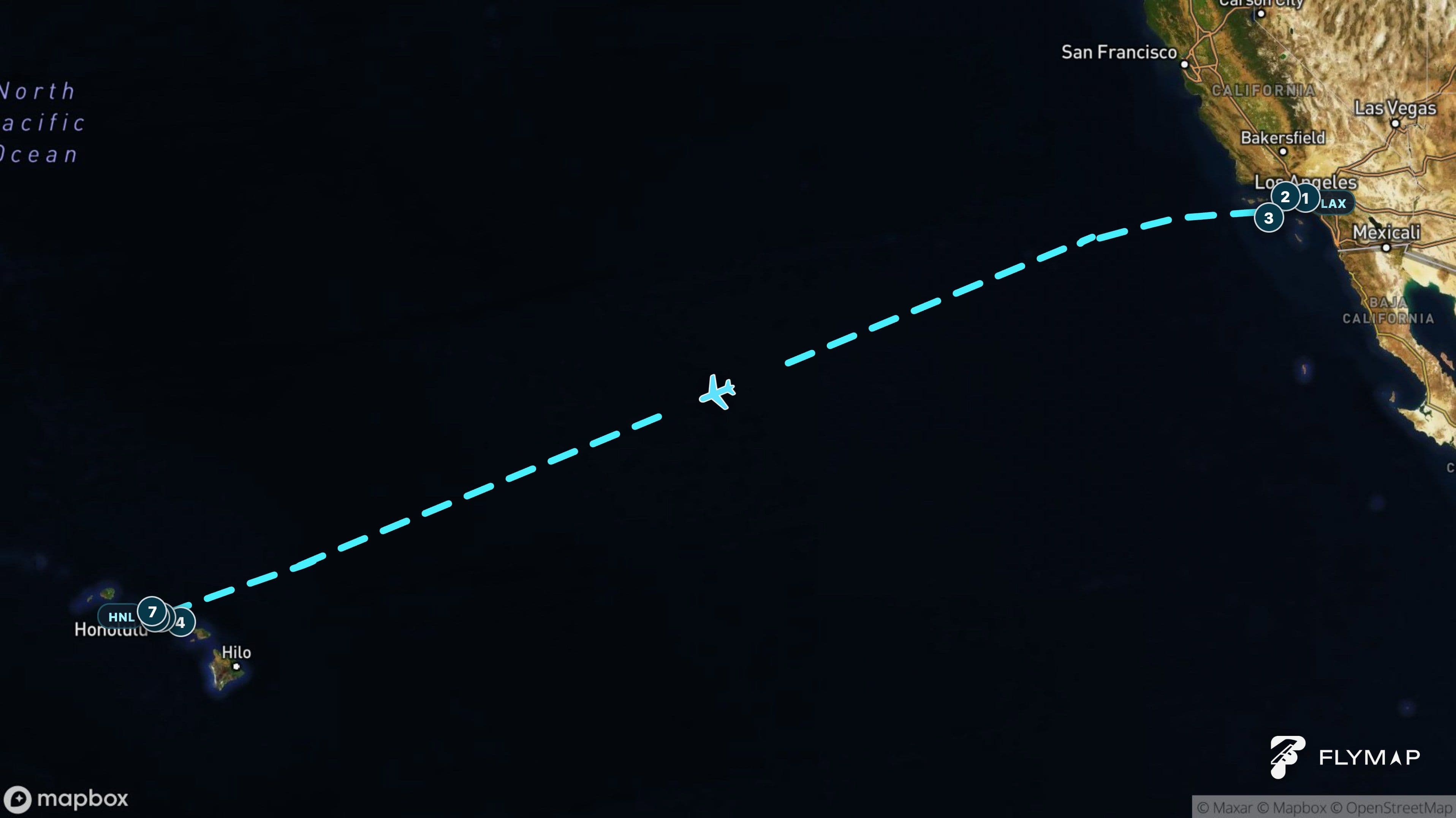 Map of the flight route from Los Angeles across the Pacific Ocean to Honolulu on Oʻahu