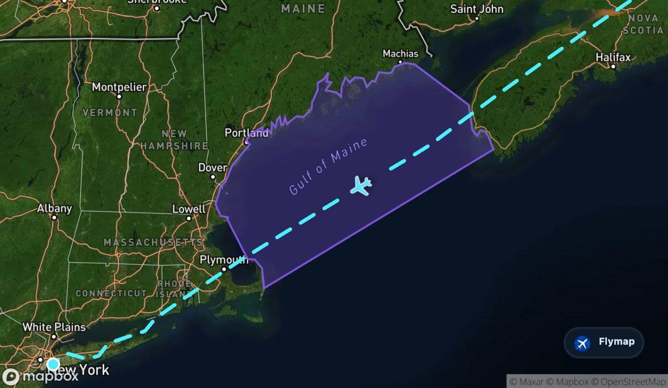 Map of the Gulf of Maine before the route reaches the northeastern United States