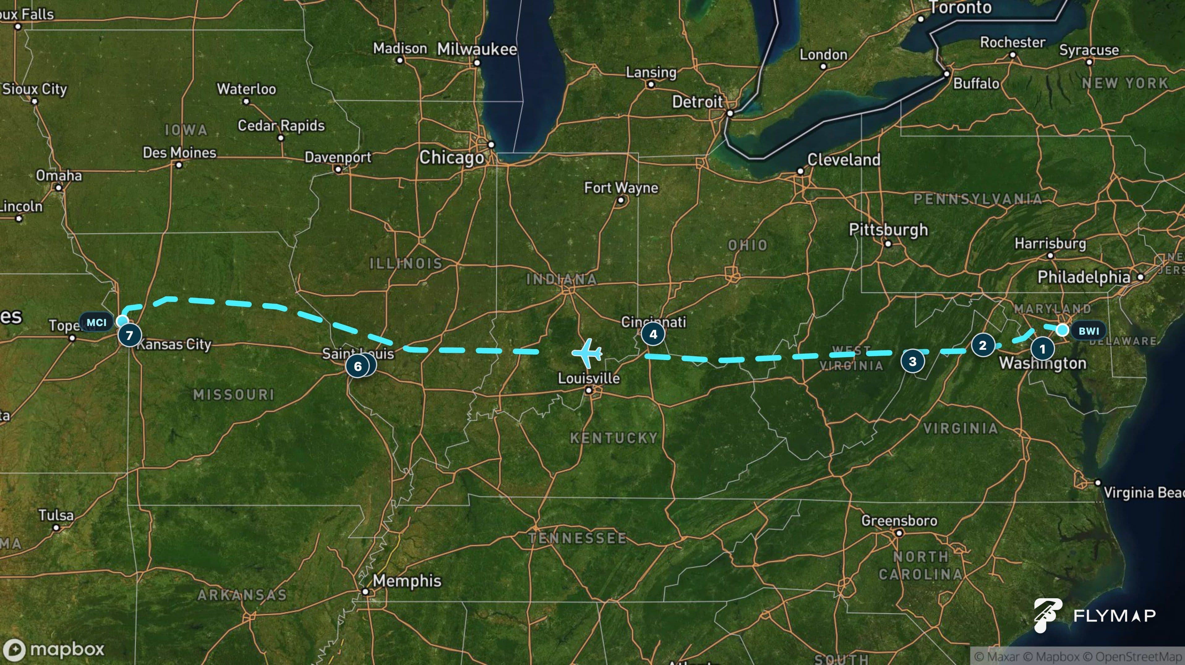 Flight route from Baltimore across the Appalachian Mountains and Central Lowlands to Kansas City