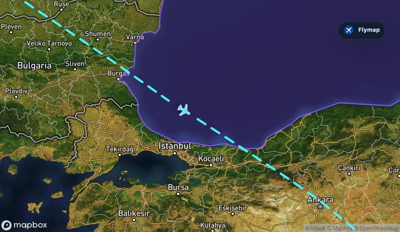 Map showing the Black Sea crossing on the London to Dubai flight route