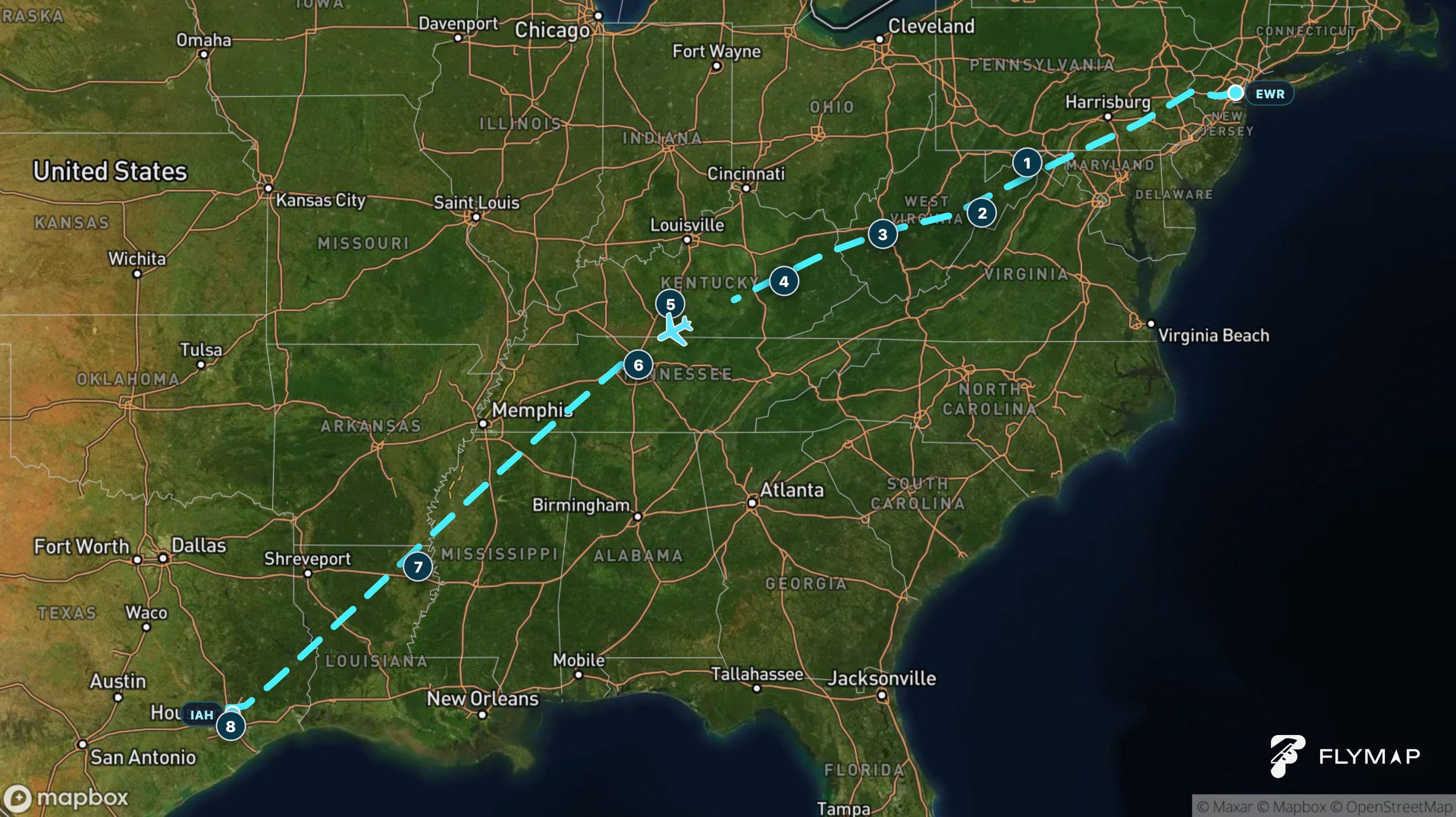 Map of the Newark to Houston flight route crossing the Appalachian Mountains and continuing southwest toward Texas.