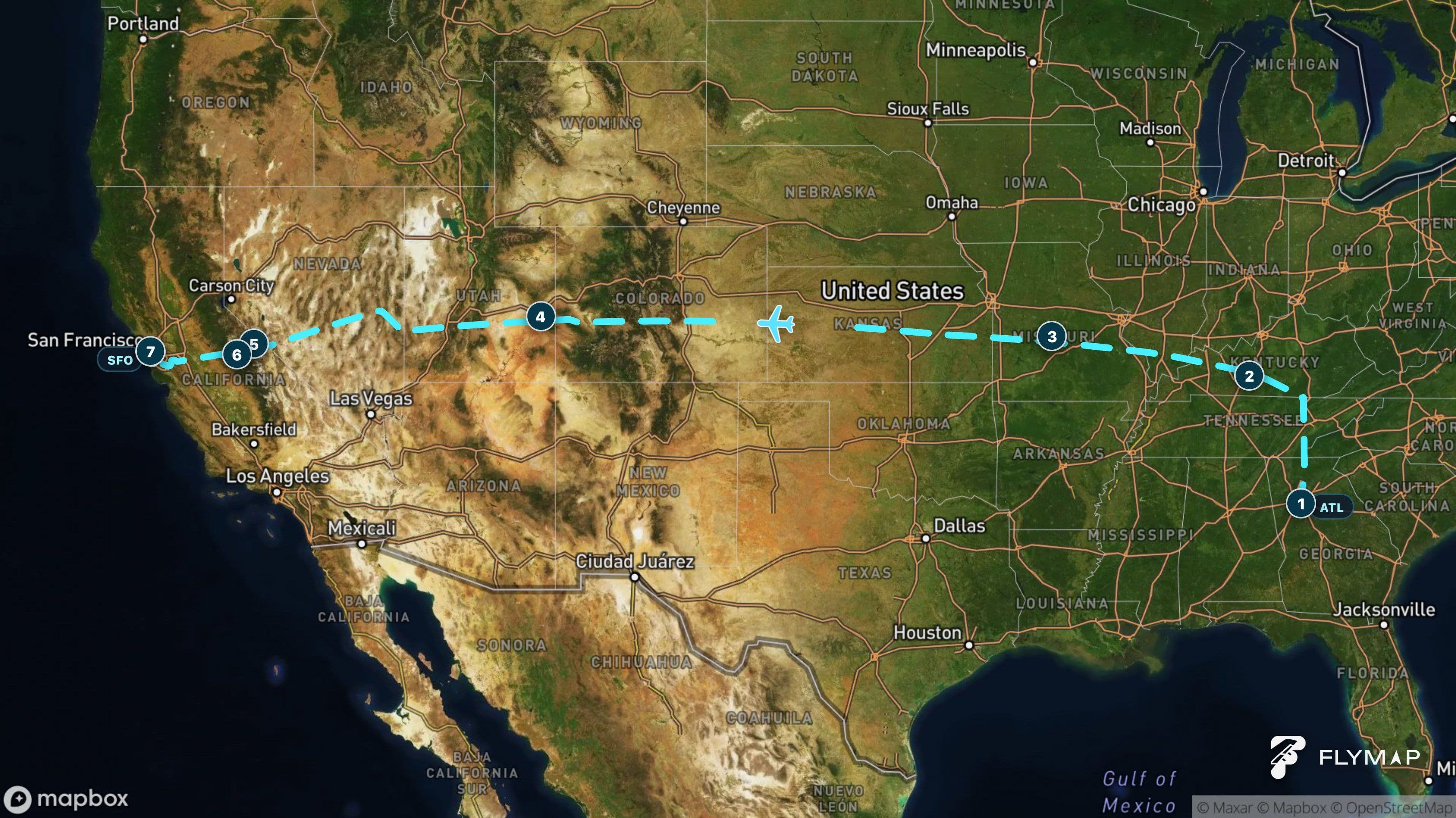 Map of the flight route from Atlanta to San Francisco crossing the Appalachian Mountains, Great Plains, Rockies, and Sierra Nevada