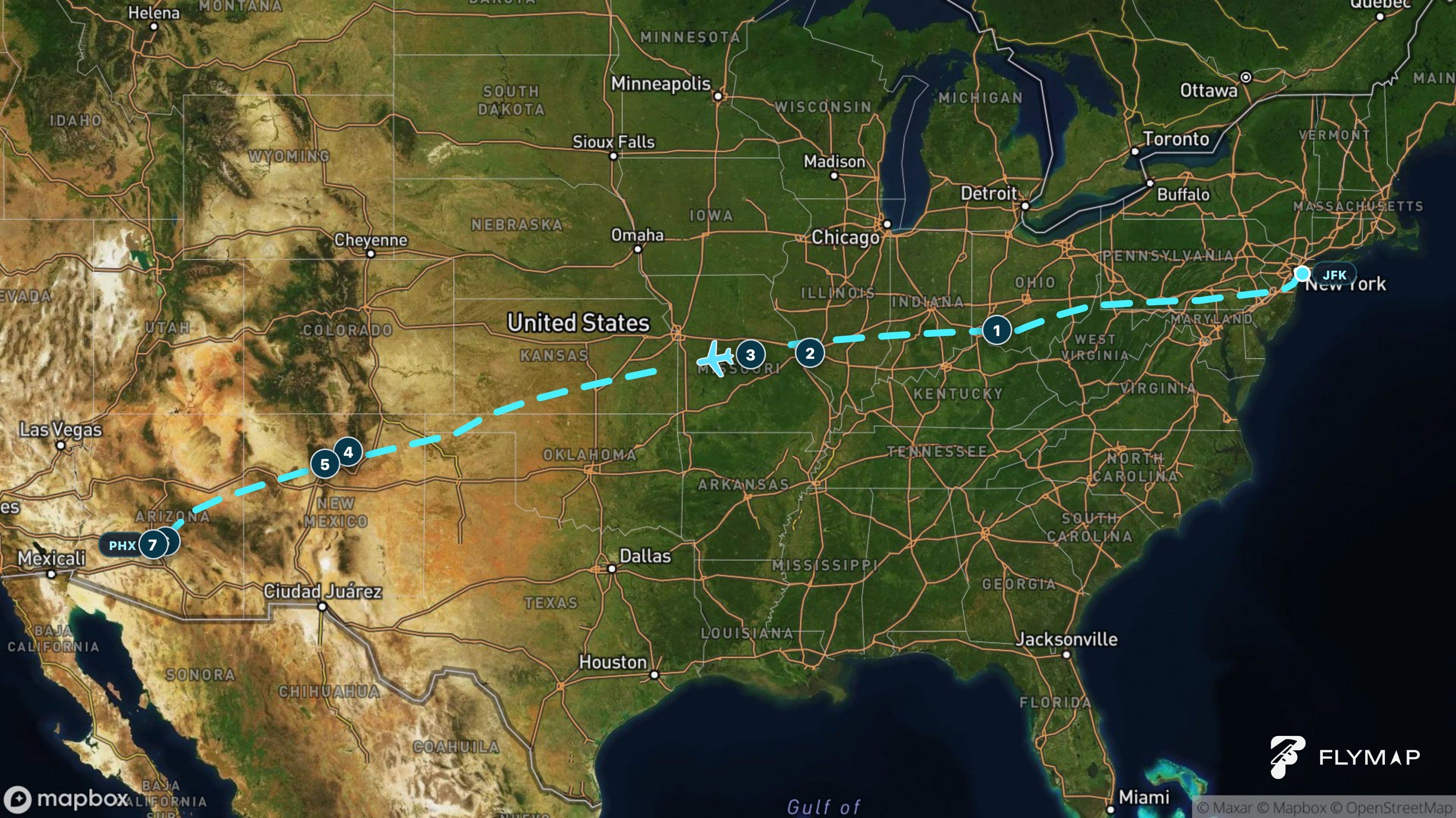 Flight path from New York to Phoenix crossing the eastern mountains, central plains, and Arizona desert