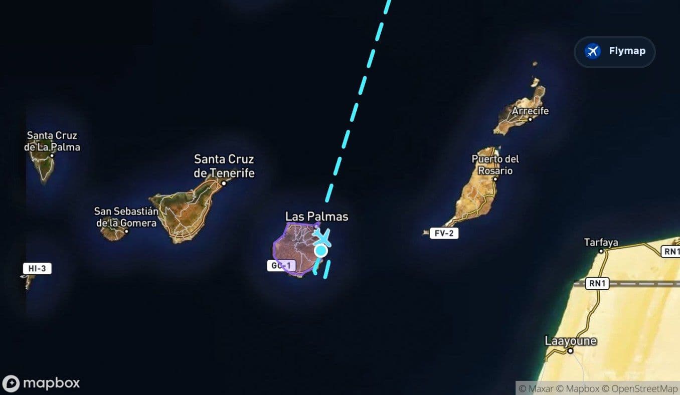 Map showing Gran Canaria at the end of the flight route