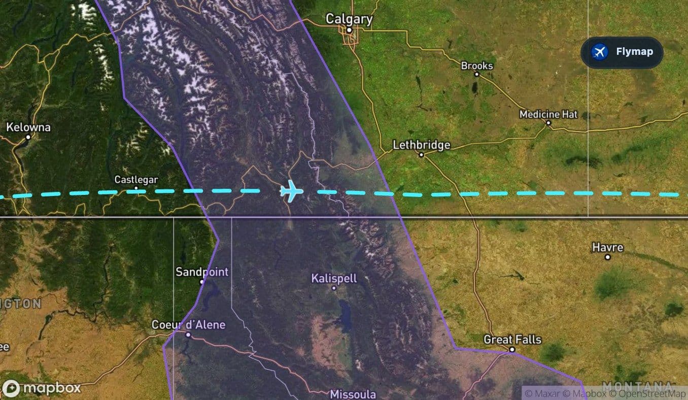 Map showing the Rocky Mountains on the Vancouver to Toronto flight route