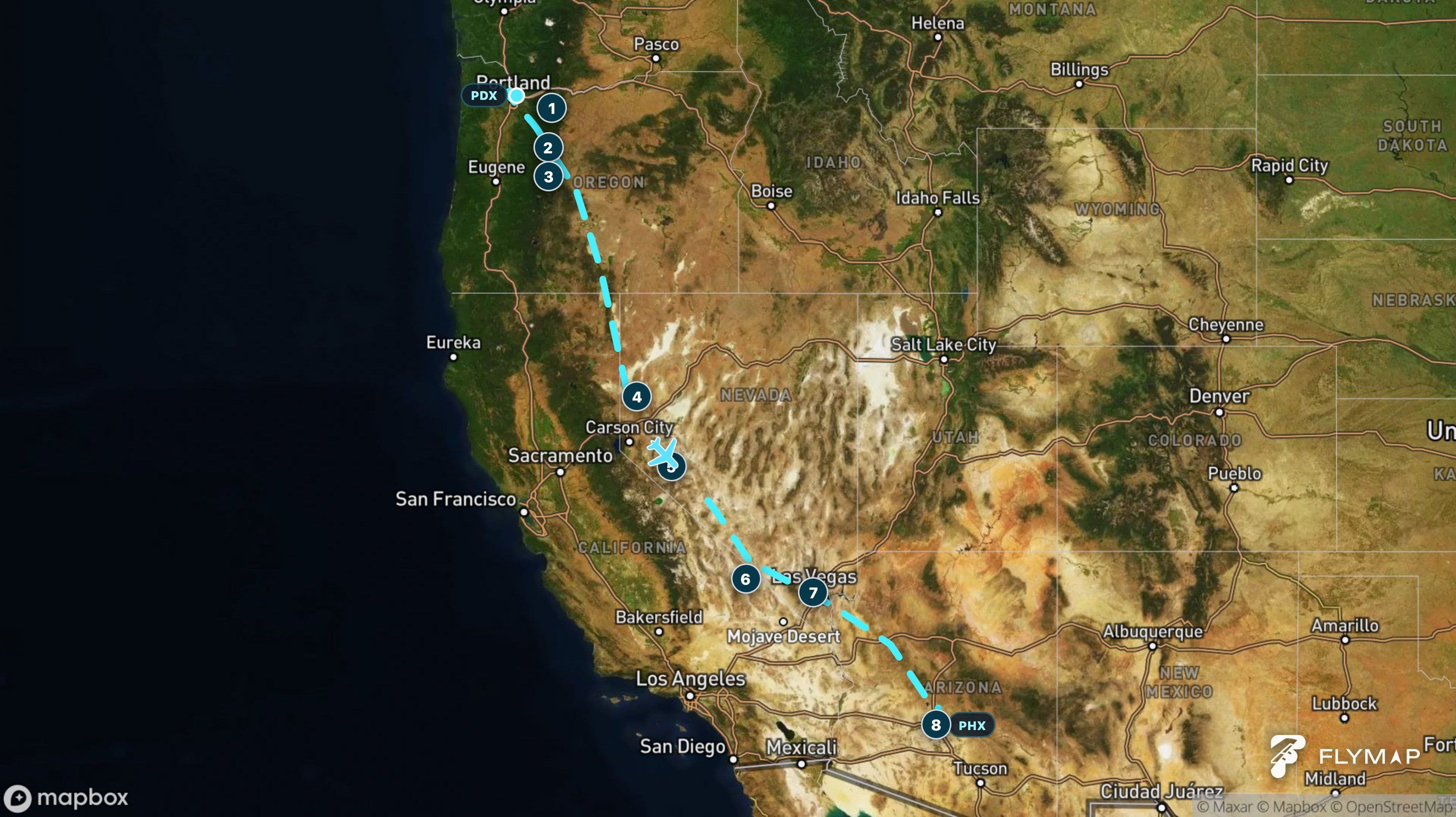 Map of the Portland to Phoenix flight route across Oregon, Nevada and Arizona
