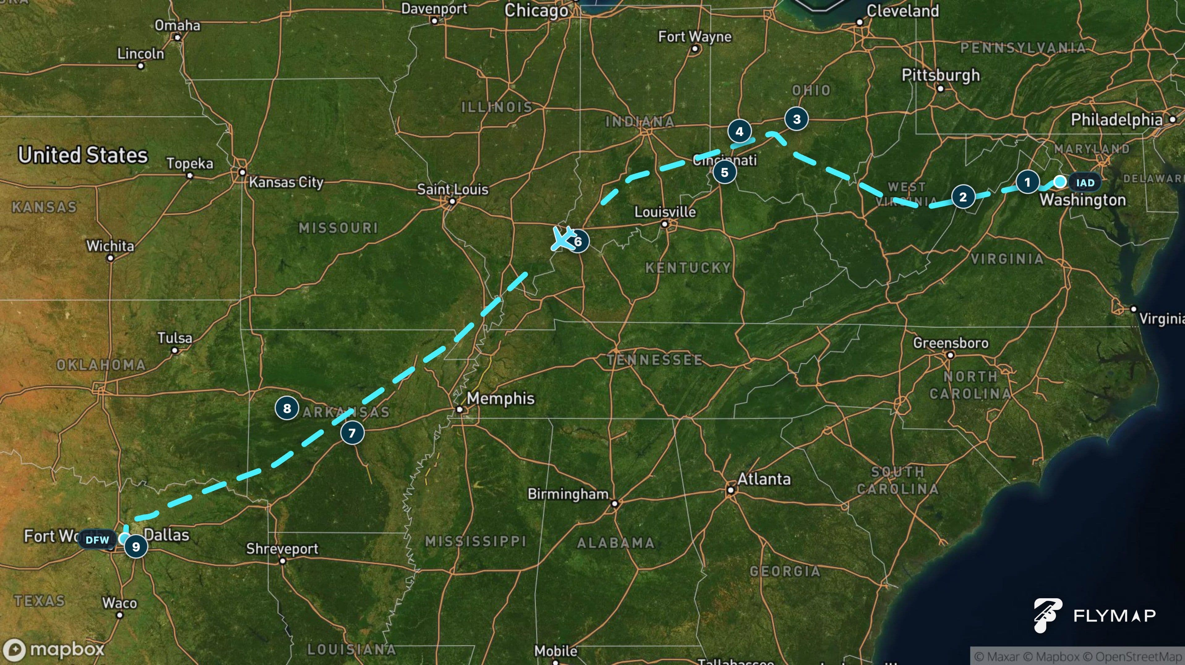 Map of the Dulles to Dallas-Fort Worth flight route across the Appalachians, central lowlands, Ozarks and Texas plains.