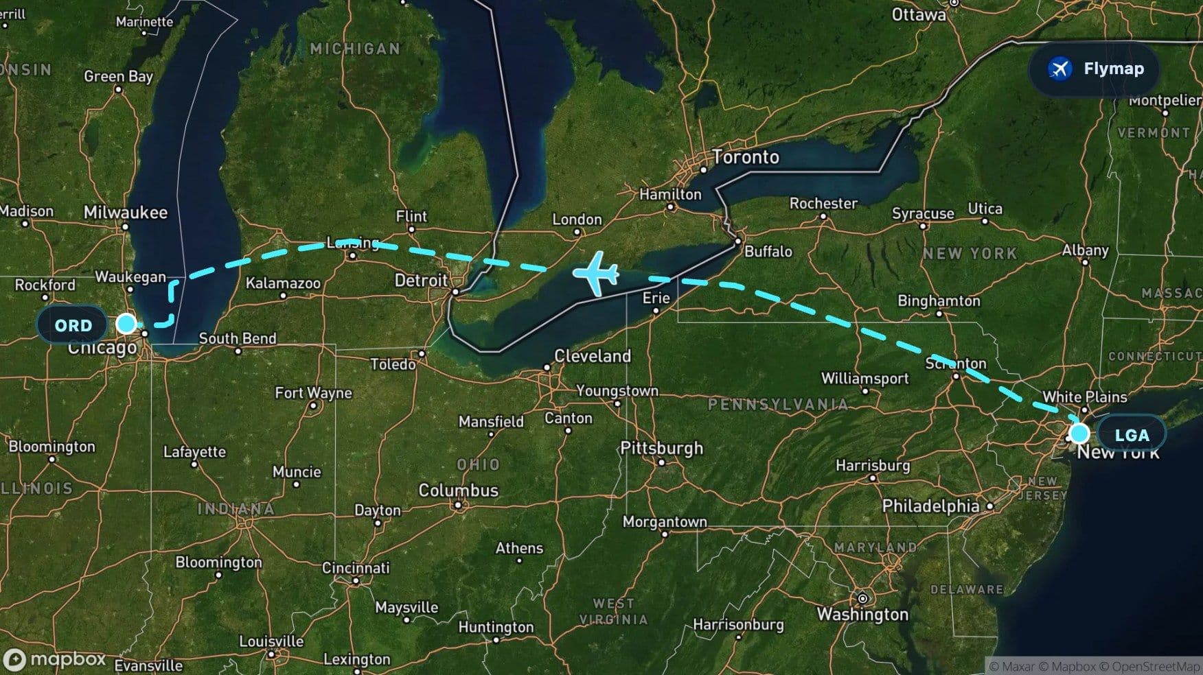 Map-style view of the flight route from New York LaGuardia to Chicago O’Hare across the Appalachians and Great Lakes region