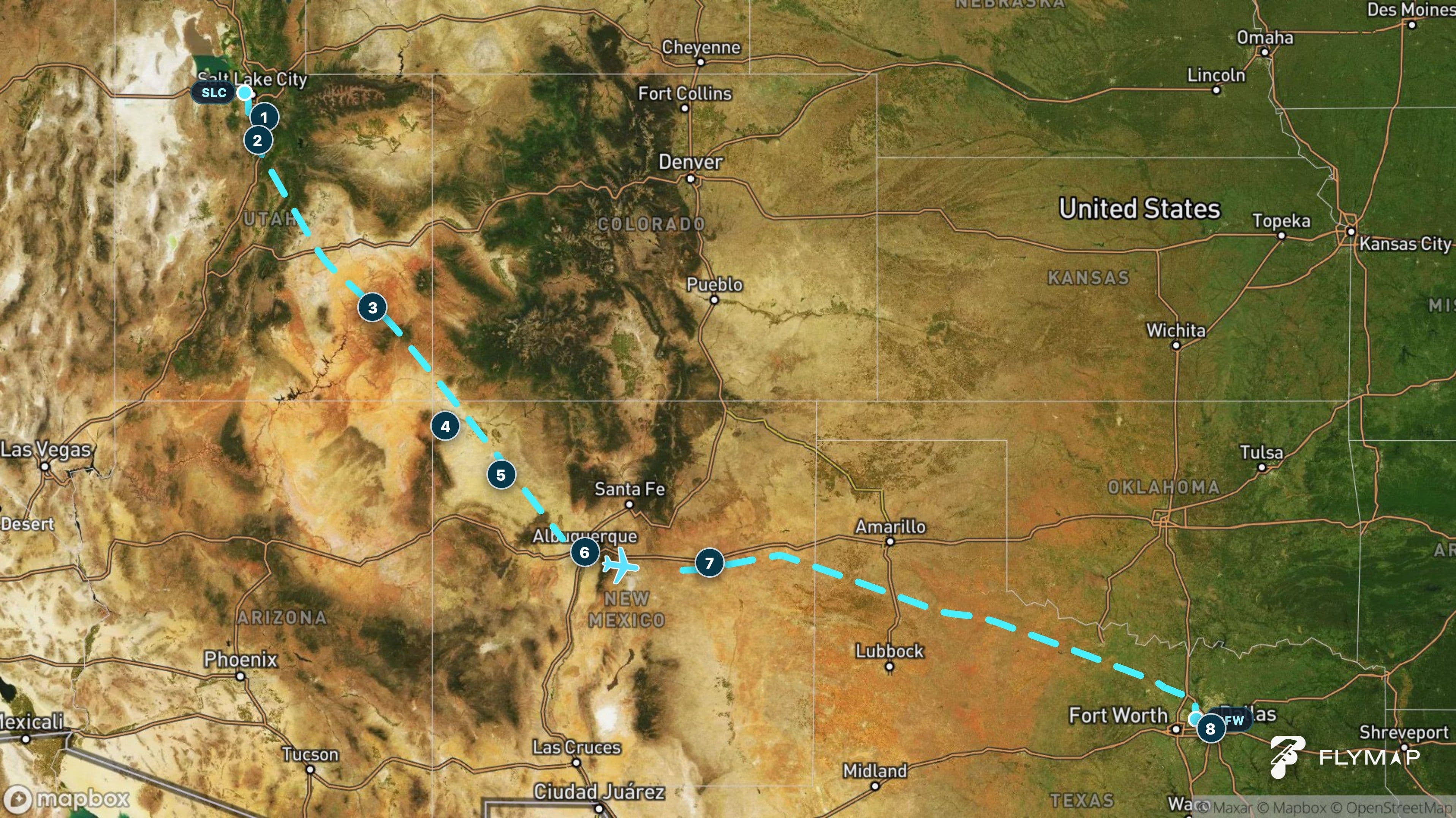 Map of the Salt Lake City to Dallas-Fort Worth flight route across Utah, New Mexico and Texas
