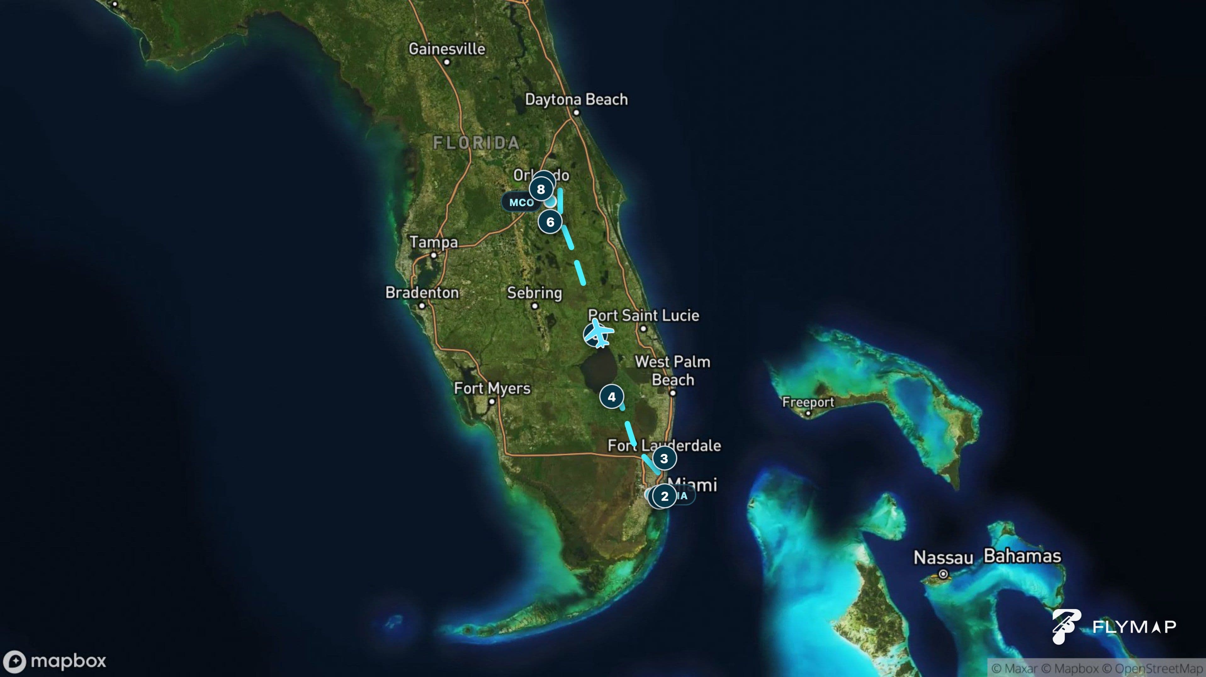 Map of the flight route from Miami International Airport to Orlando International Airport across South Florida and Lake Okeechobee