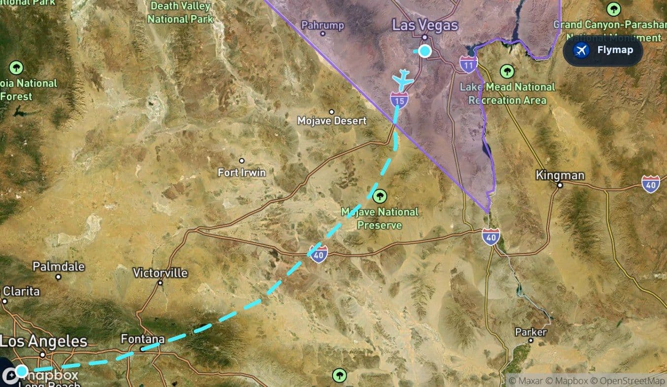 Map highlight of Nevada at the start of the Las Vegas to Los Angeles route