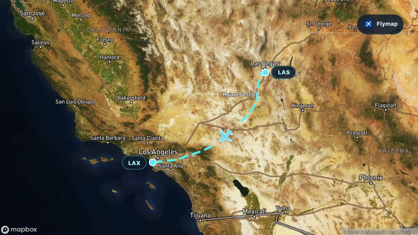Map-style view of the flight route from Las Vegas LAS to Los Angeles LAX across Nevada, the Great Basin, and California