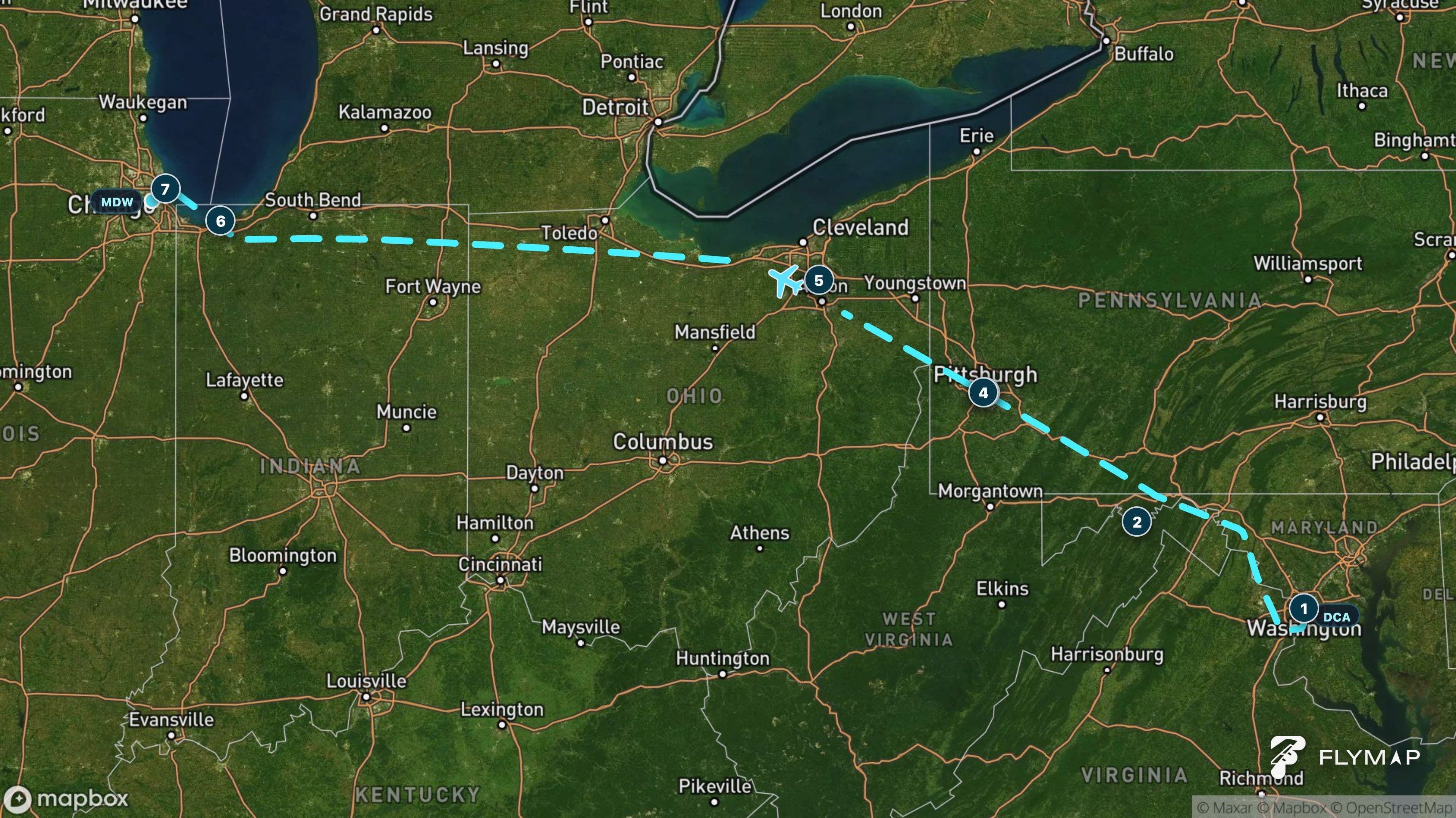 Map of the flight route from Washington to Chicago crossing the Appalachian Mountains and approaching Lake Michigan