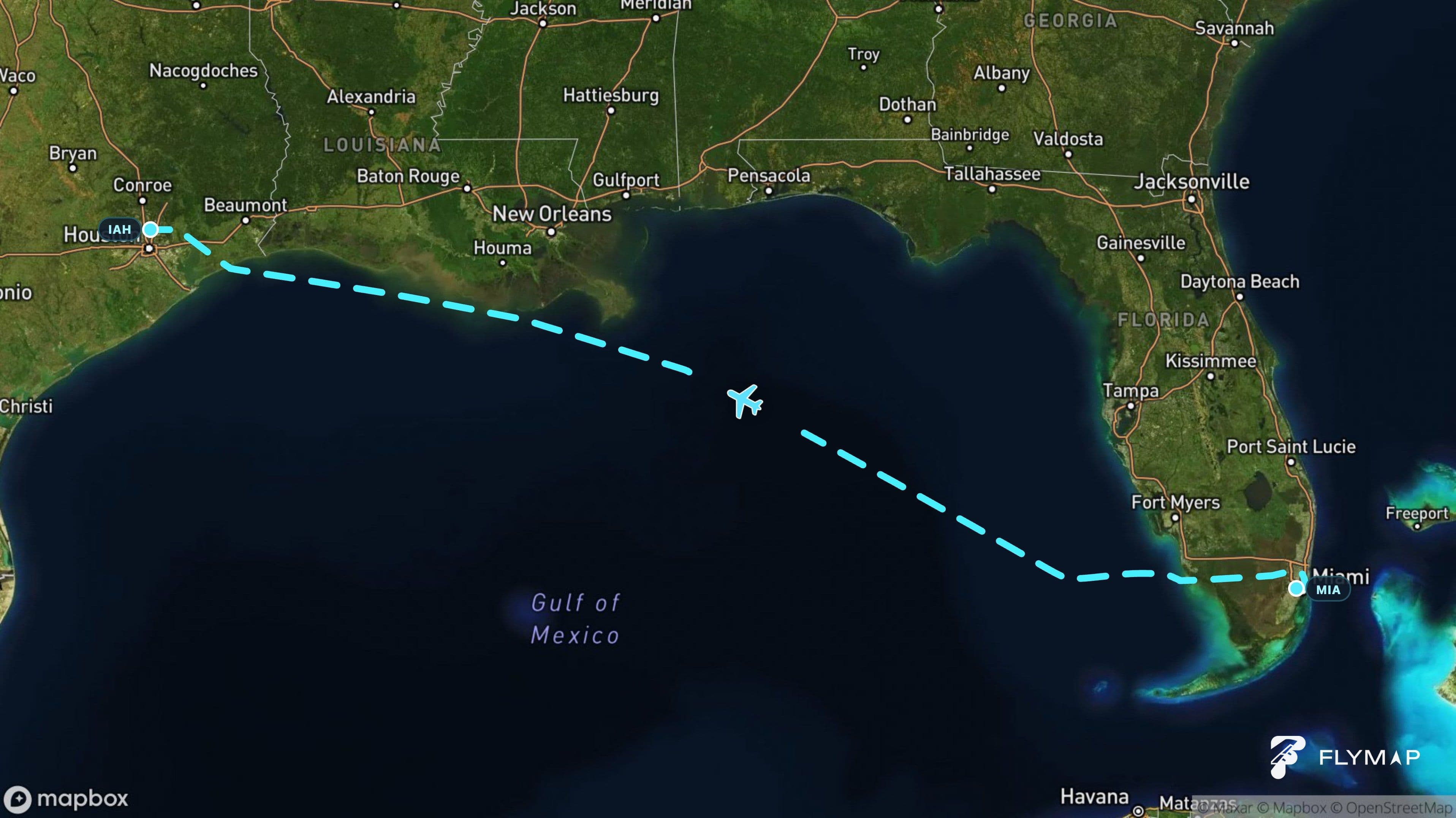 Map of the flight path from Miami across the Gulf of Mexico to Houston