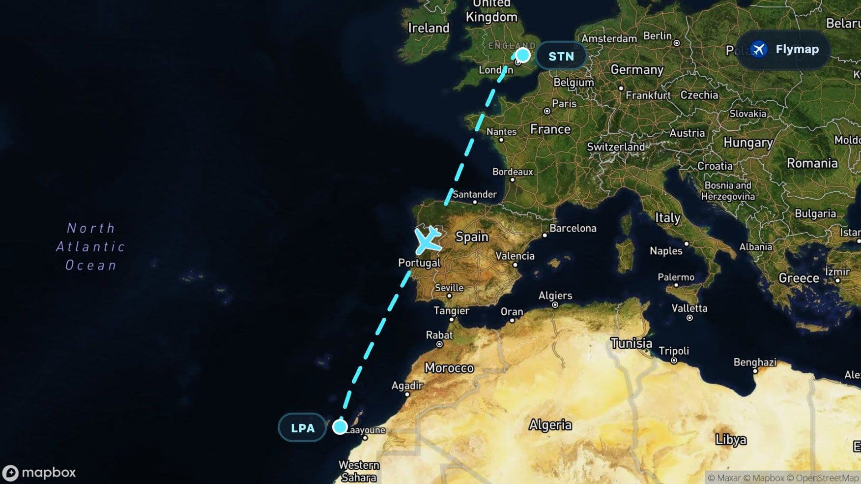 Map of the London Stansted to Gran Canaria flight route crossing the Channel, Bay of Biscay, Iberia and the Atlantic Ocean