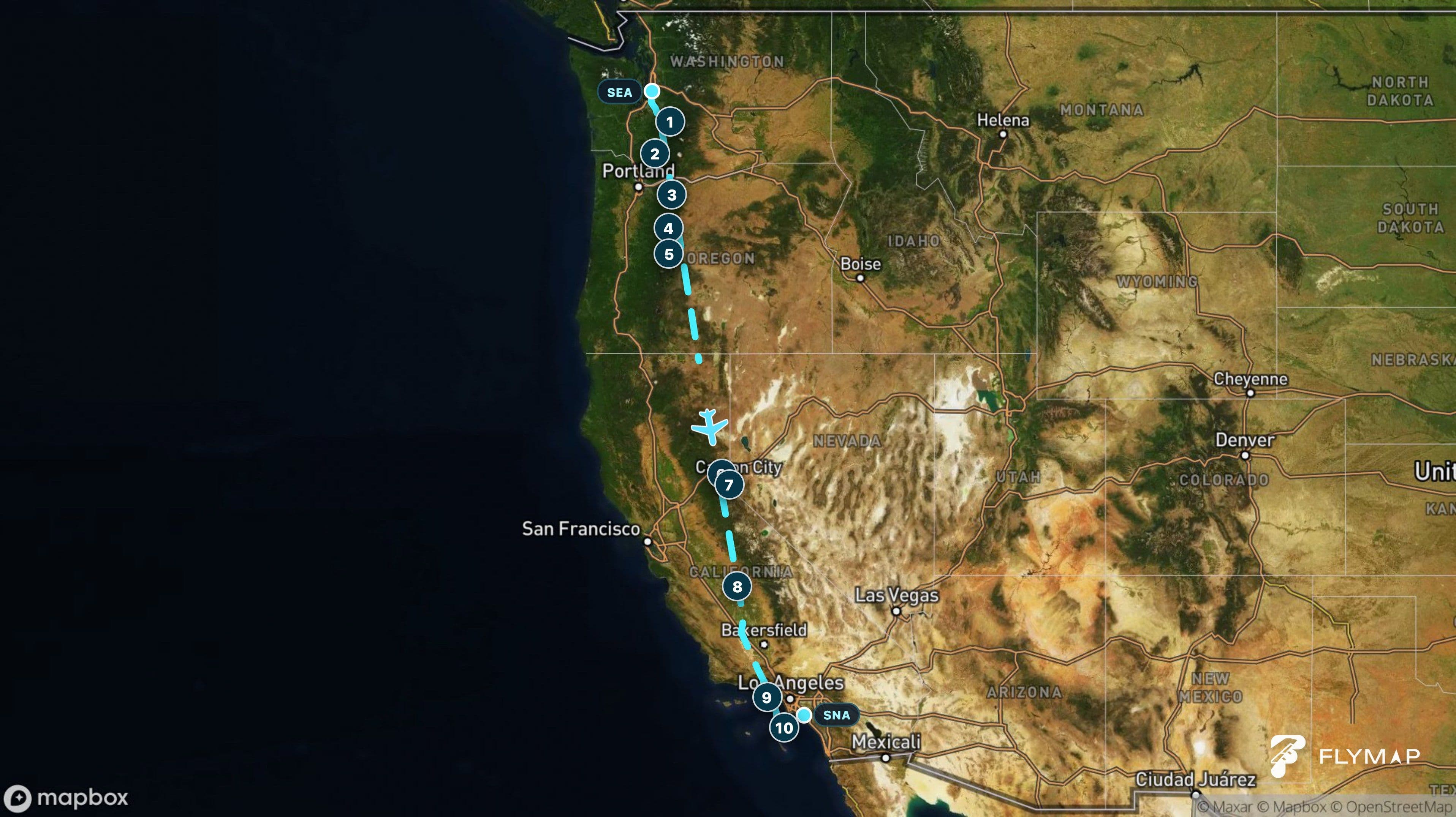 Map of the route from Seattle to Santa Ana, crossing the Cascade Range, Great Basin, Sierra Nevada and Southern California coast
