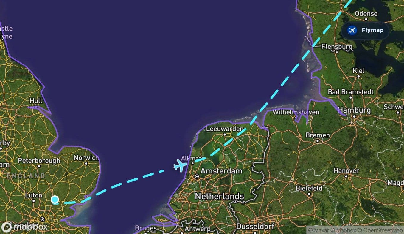 Map view of the London Stansted to Stockholm route crossing the North Sea