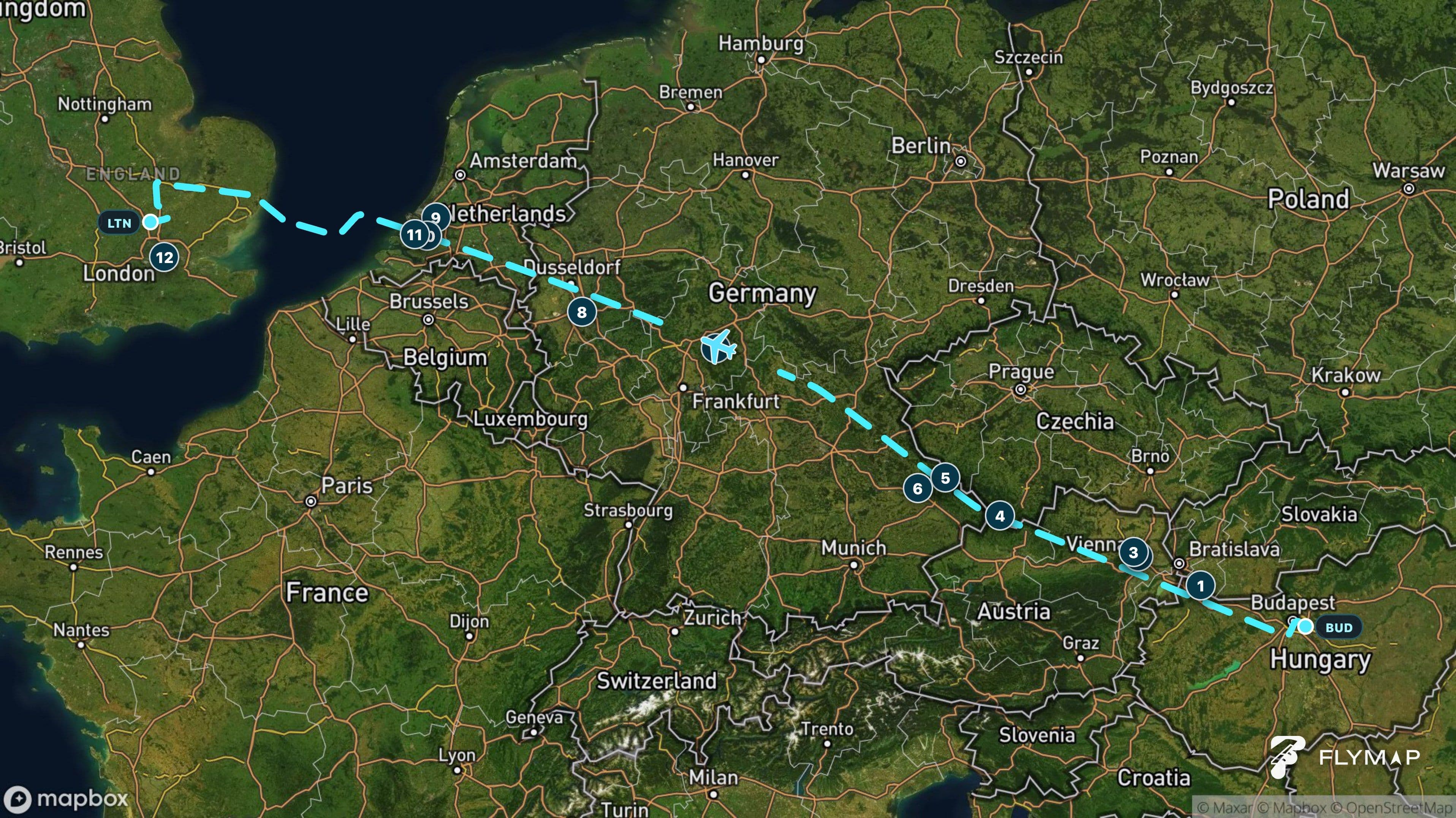 Map of the Budapest to Luton flight route crossing central Europe, the Netherlands and the North Sea