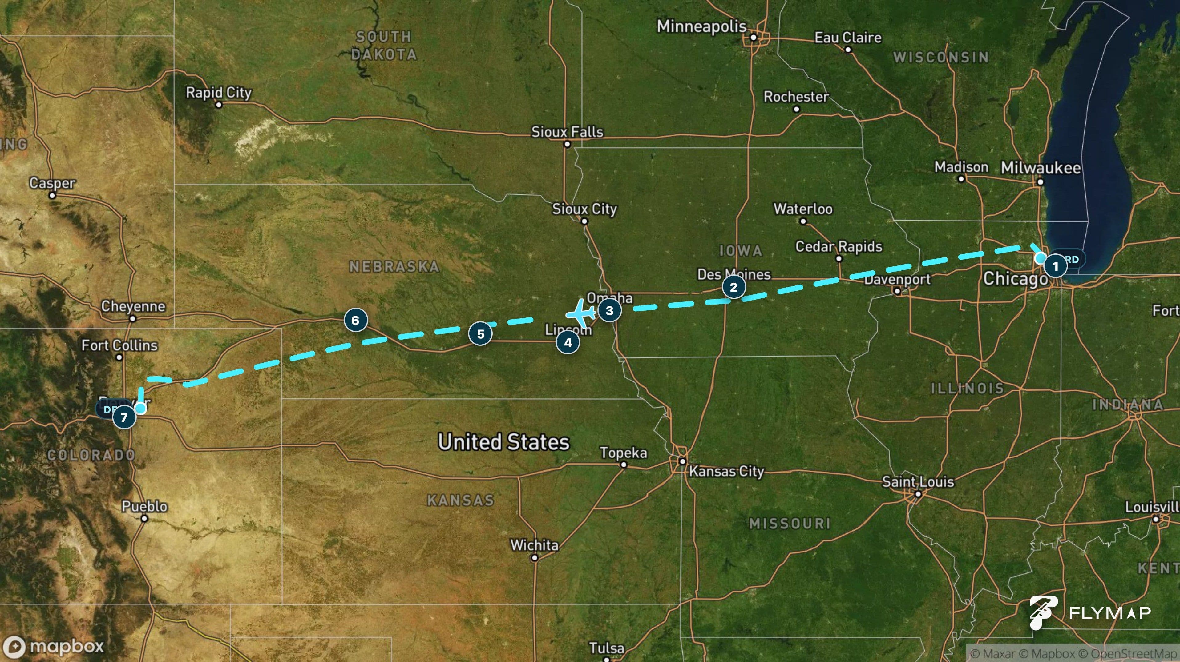 Chicago to Denver flight route crossing Illinois, Iowa, Nebraska and the Great Plains toward the Rocky Mountains