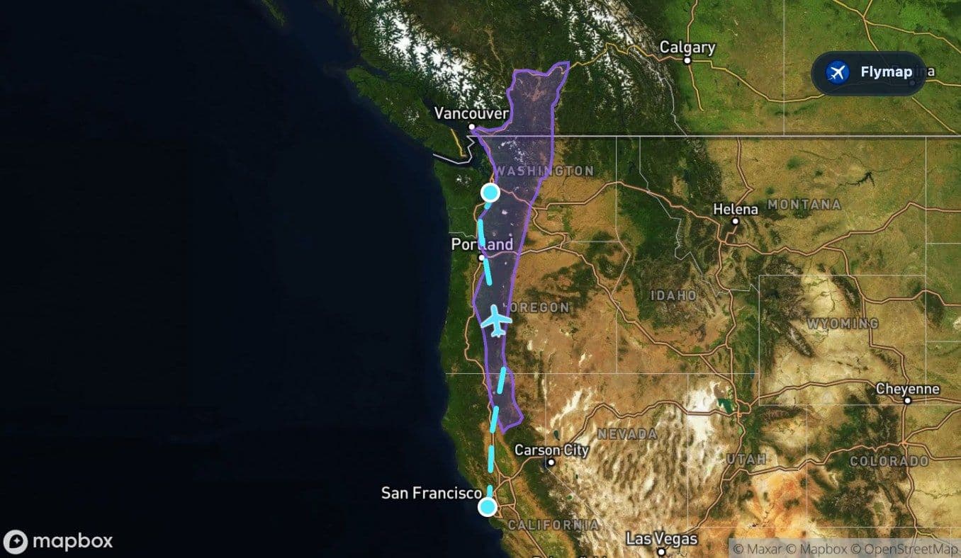 Map showing the Cascade Range along the San Francisco to Seattle flight route