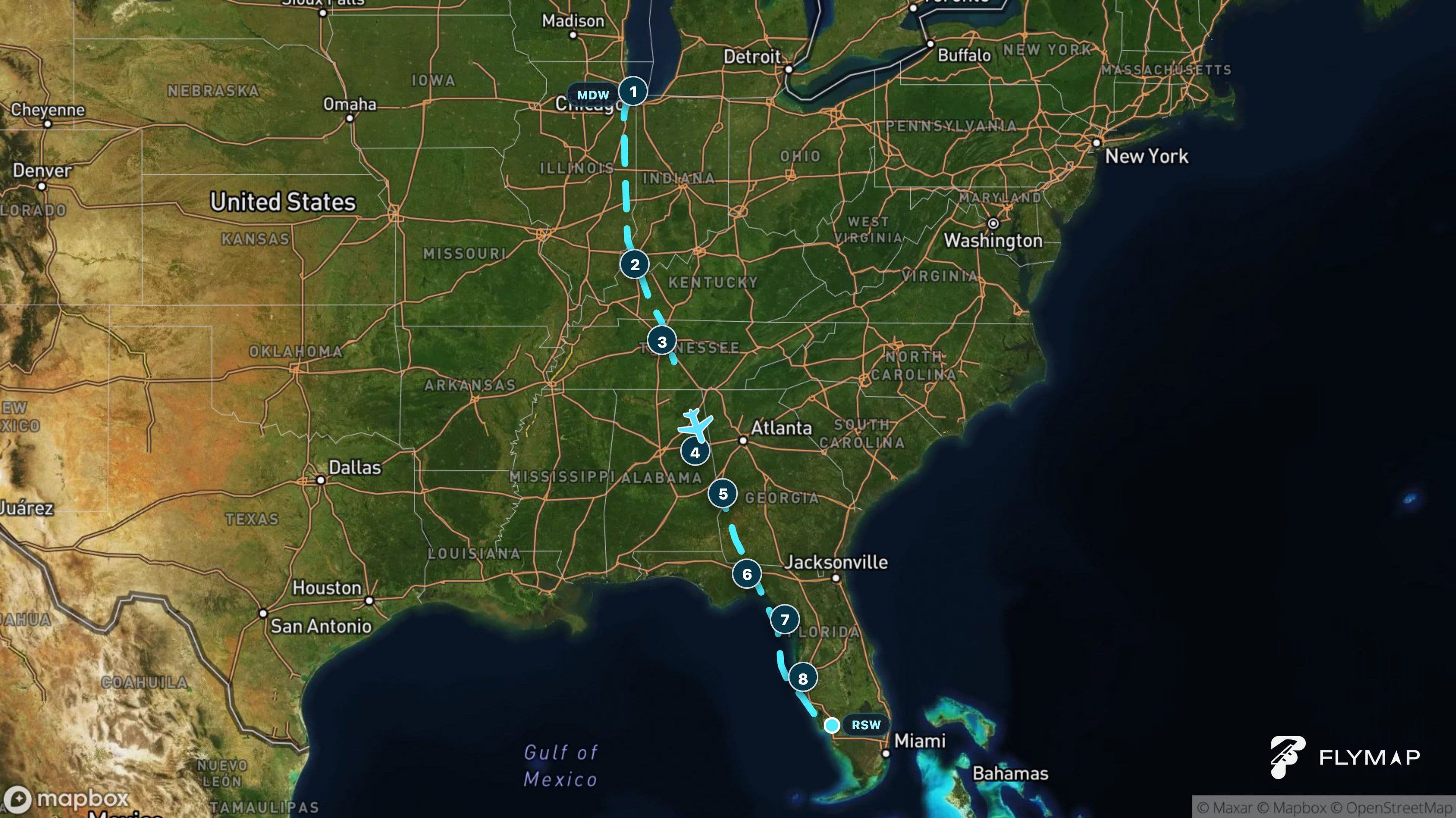 Map of the Chicago Midway to Fort Myers flight route from the Midwest across the Appalachians to the Gulf of Mexico