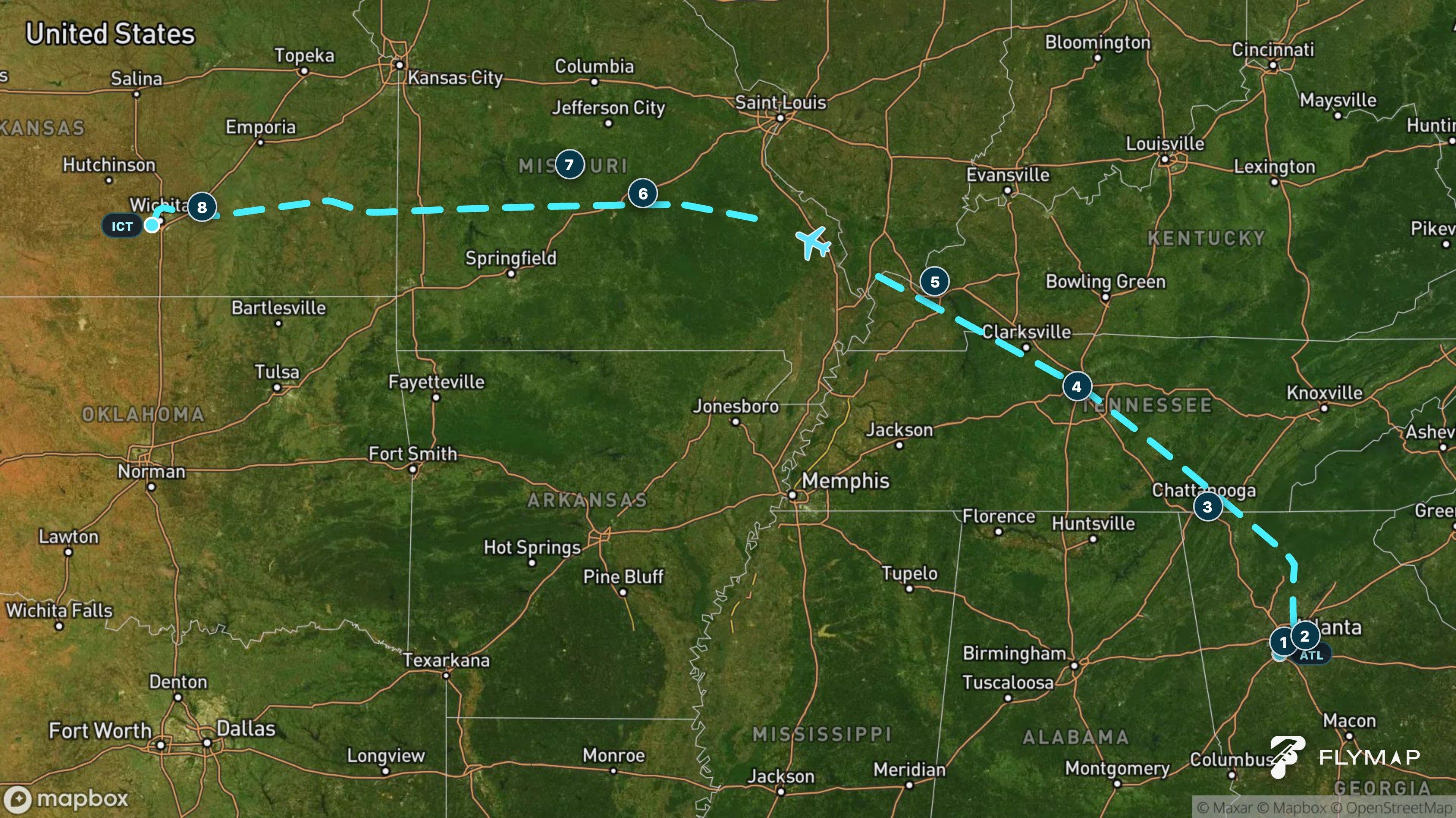 Map of the Atlanta to Wichita flight route across the Appalachians, Tennessee, the Ozarks, and the Great Plains