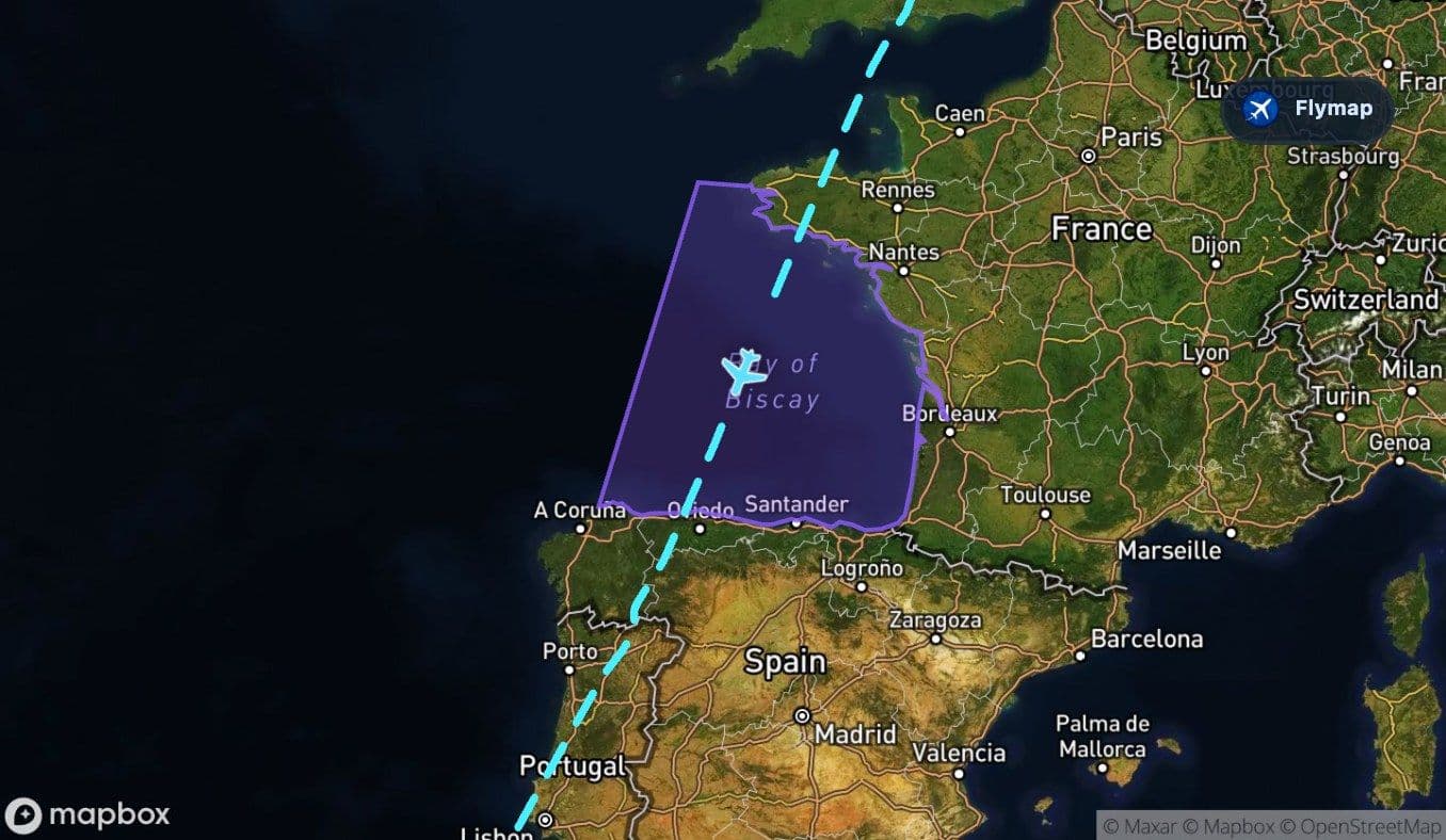 Map showing the Bay of Biscay on the London Stansted to Gran Canaria flight route