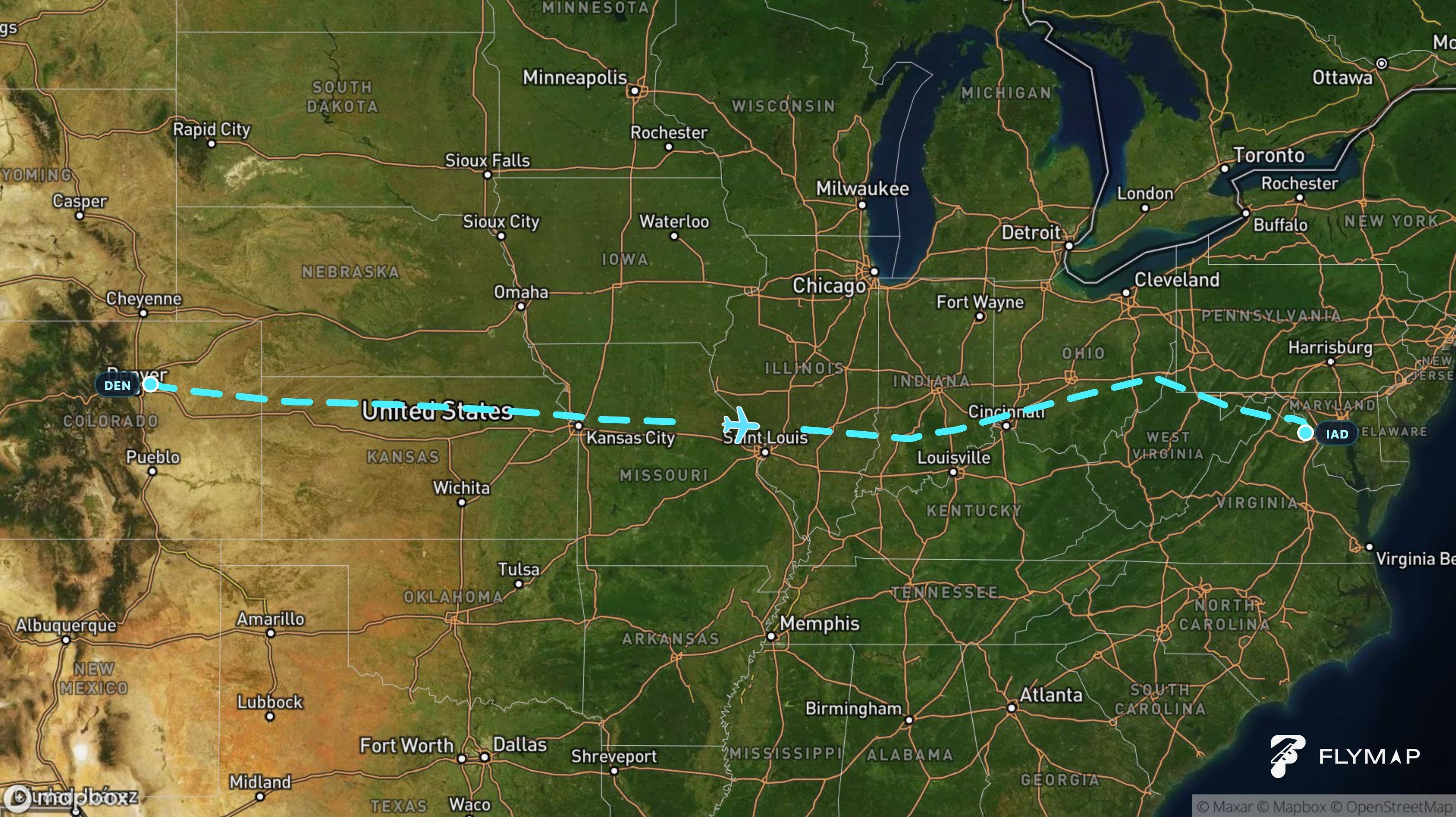 Map of the Denver to Washington Dulles route across the Great Plains and Appalachian Mountains