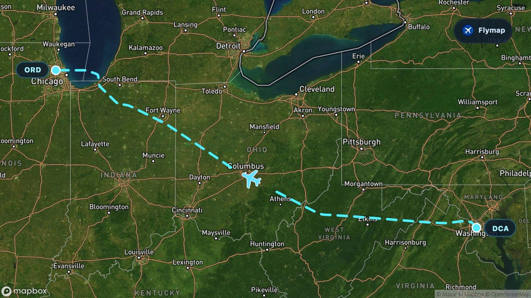 Map-style view of the flight route from Washington National to Chicago O’Hare across the Appalachian Mountains and Midwest