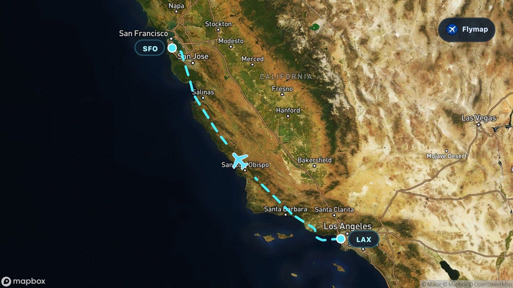Map-style view of the flight route from Los Angeles LAX to San Francisco SFO along California and the Pacific Coast Ranges