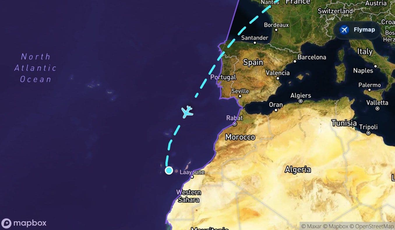 Map showing the Atlantic Ocean stretch on the Berlin to Tenerife flight route