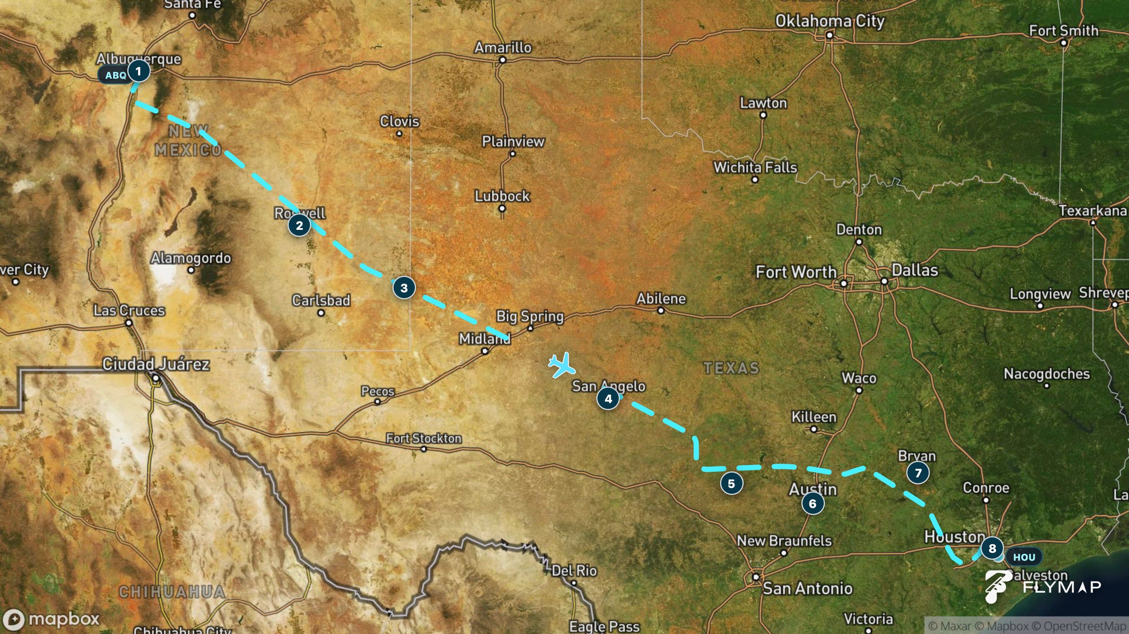 Map of the Albuquerque to Houston flight route crossing New Mexico and Texas