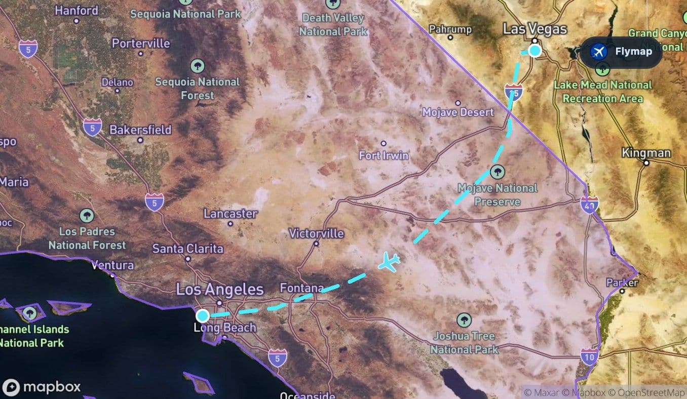 Map highlight of California on the approach side of the Las Vegas to Los Angeles route