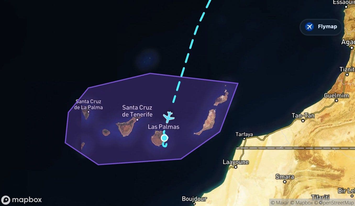 Map showing the Canary Islands near the end of the London to Gran Canaria route