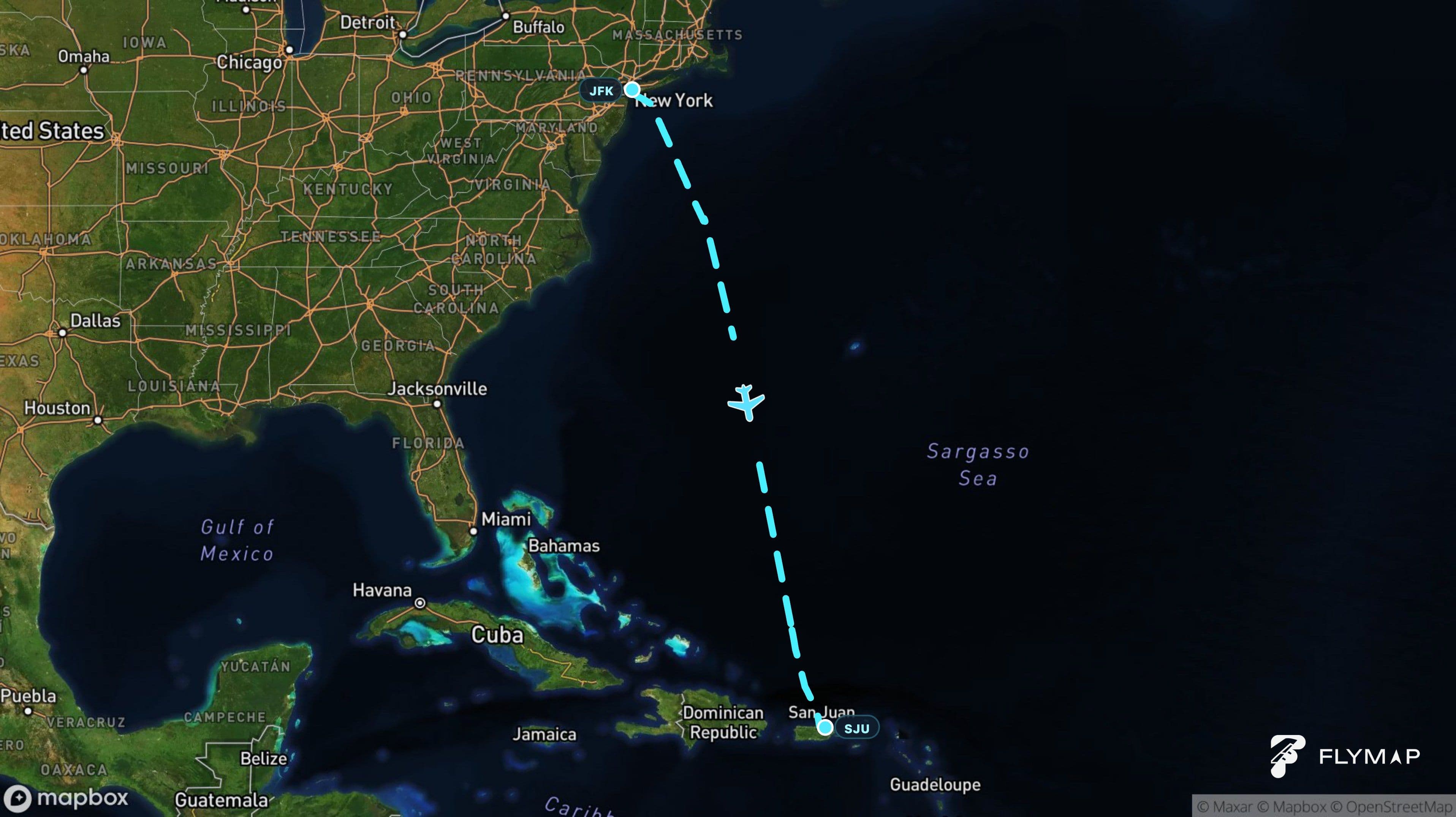 Map of the flight route from New York’s JFK Airport across the Atlantic Ocean to San Juan, Puerto Rico