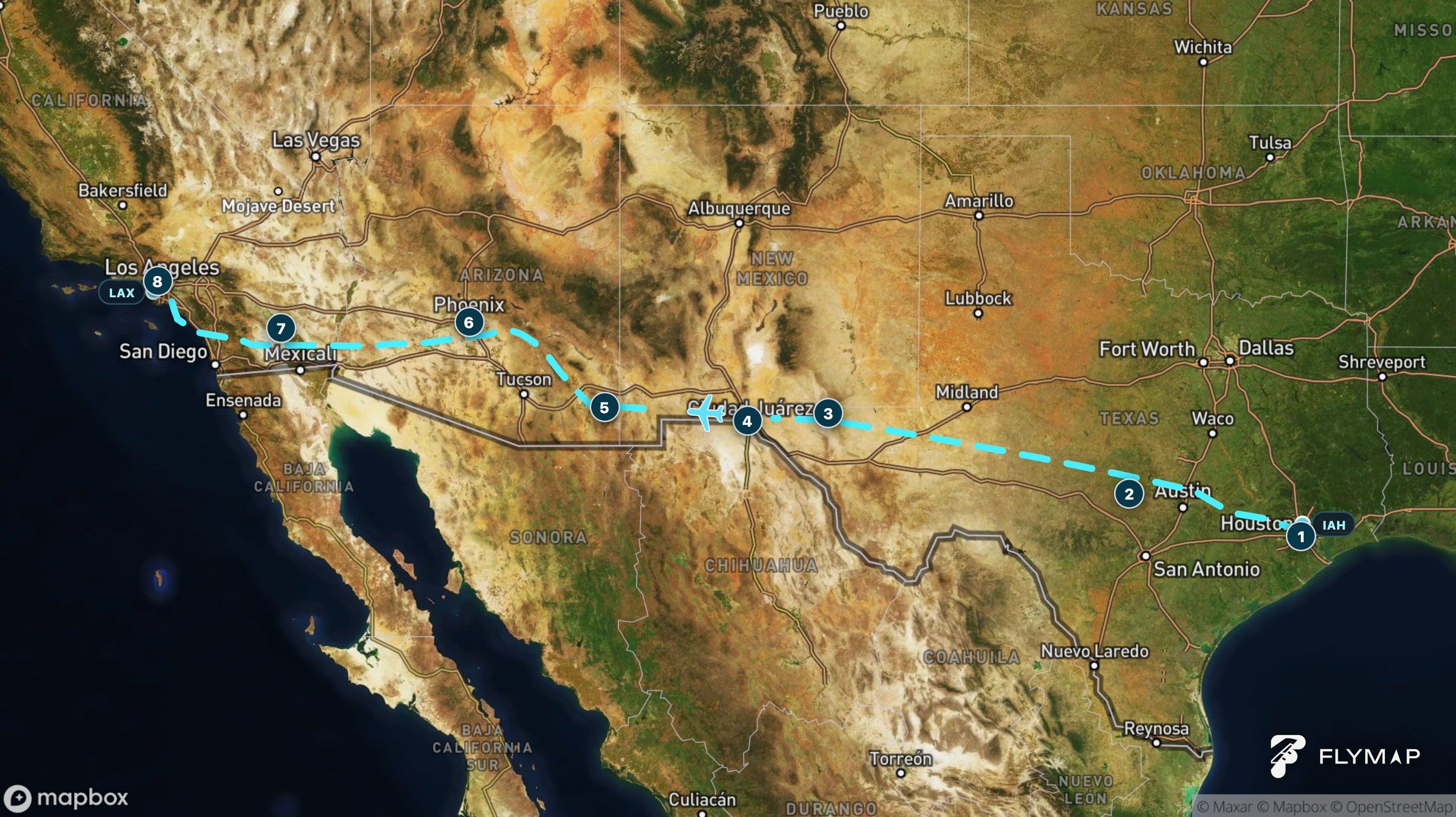 Map of the Houston to Los Angeles flight route across Texas, the Southwest deserts, California, and the Pacific Ocean