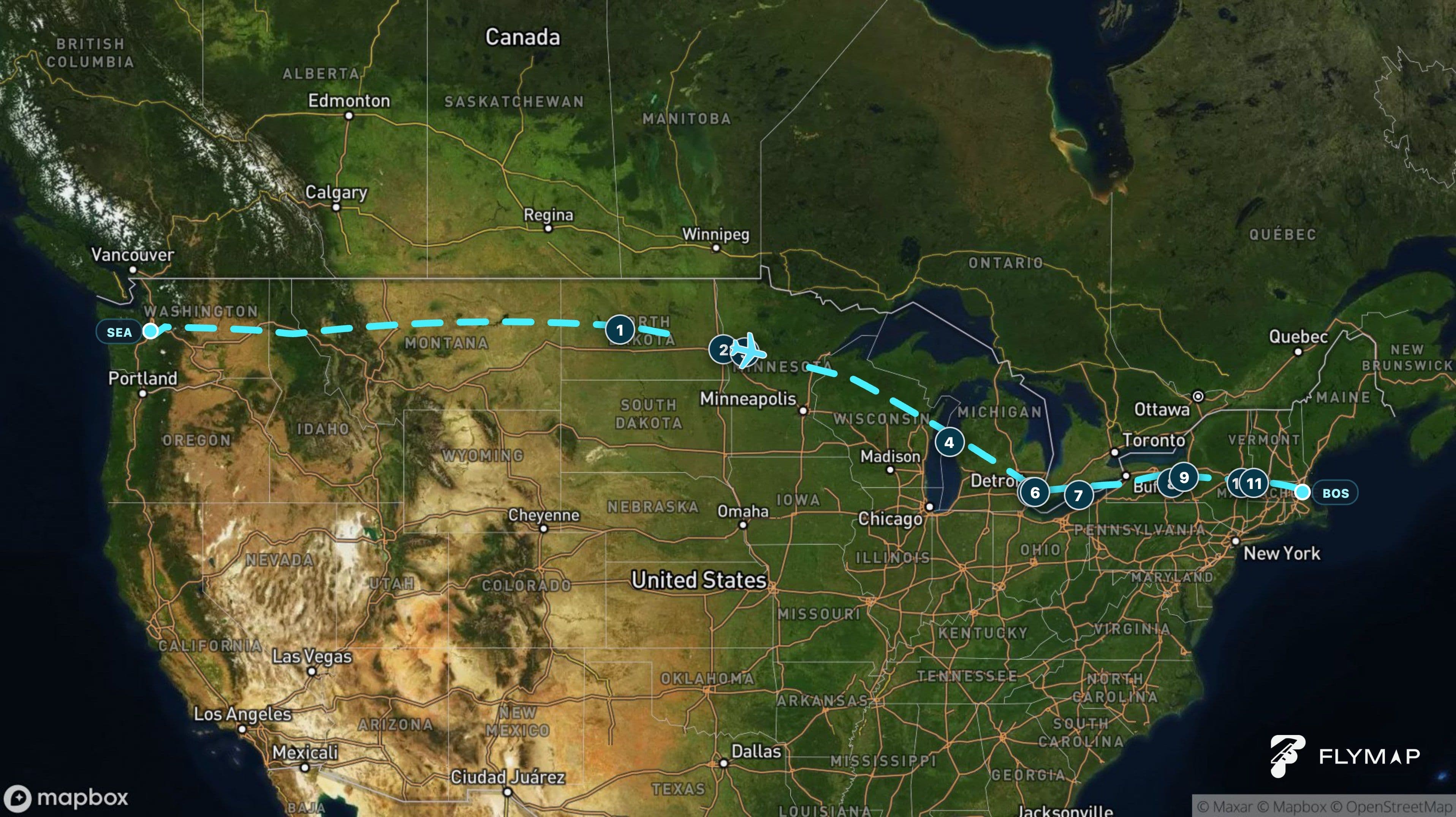 Map of the Seattle to Boston flight route across the United States, including the Great Lakes