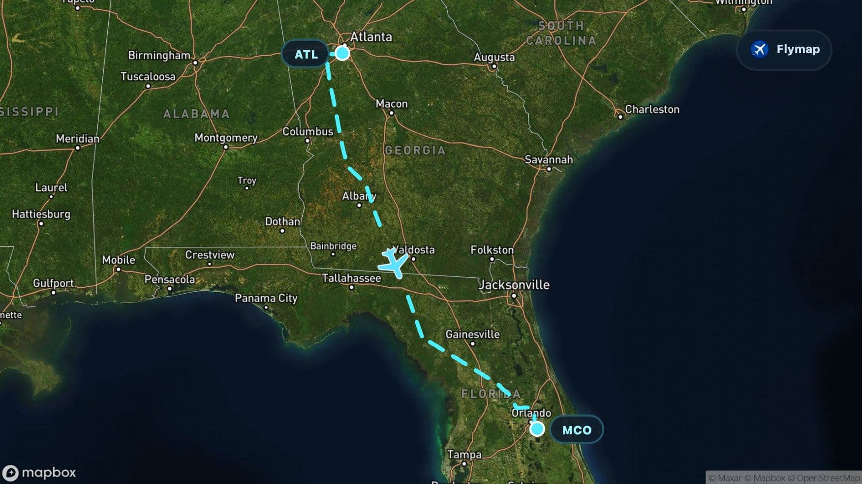 Map-style view of the flight route from Atlanta ATL to Orlando MCO across Georgia, the Atlantic Coastal Plain, and Florida